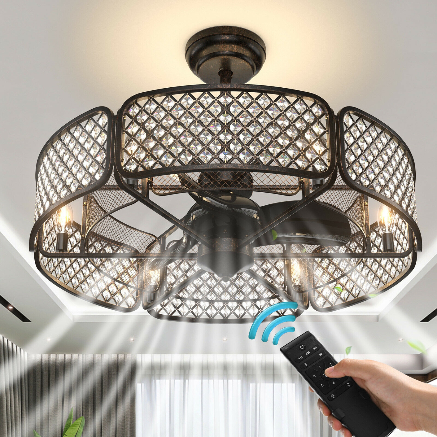 Ventilateur de plafond à cage avec abat-jour en cristal et lumière, 6 bases de lumière