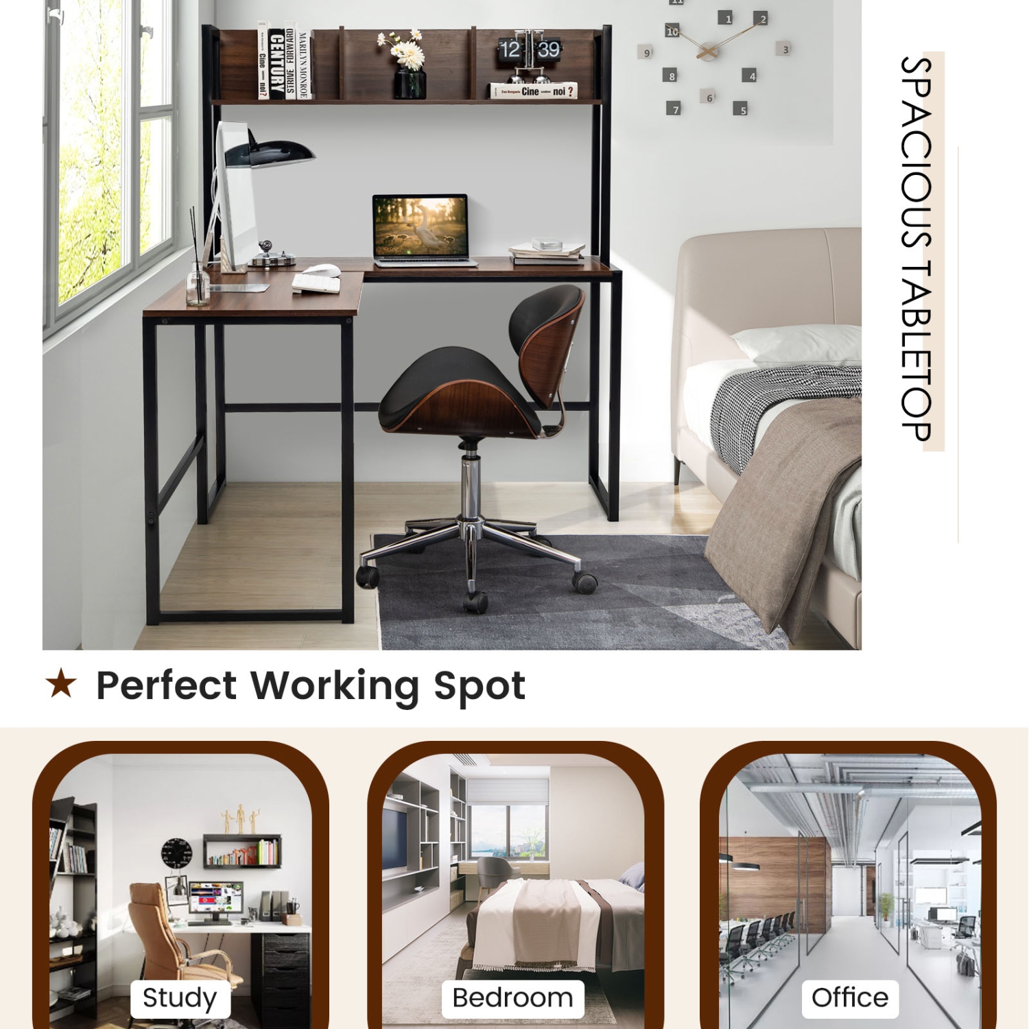 Bureau industriel en L avec étagère et table de jeu en coin