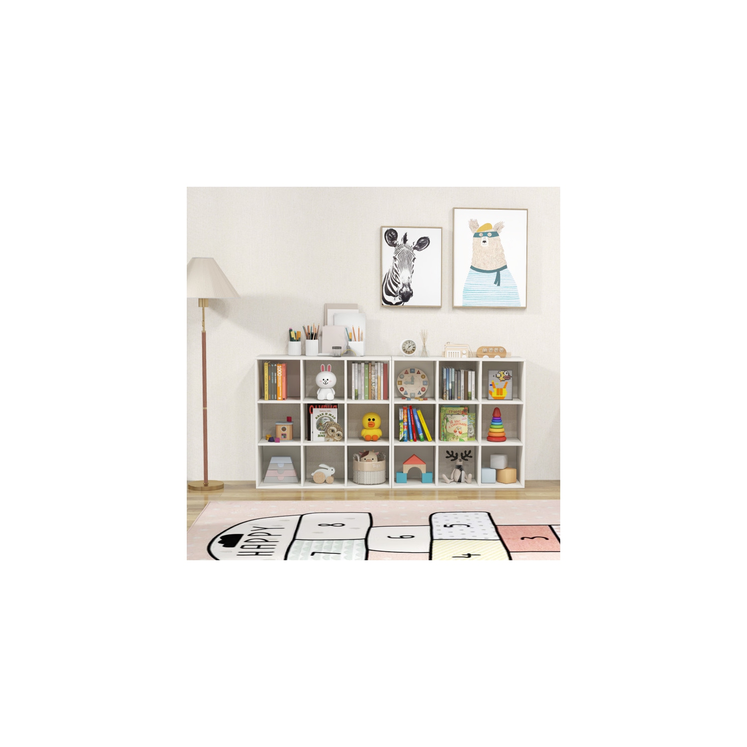 Bibliothèque de rangement pour enfants avec compartiments en bois et quincaillerie antibasculement