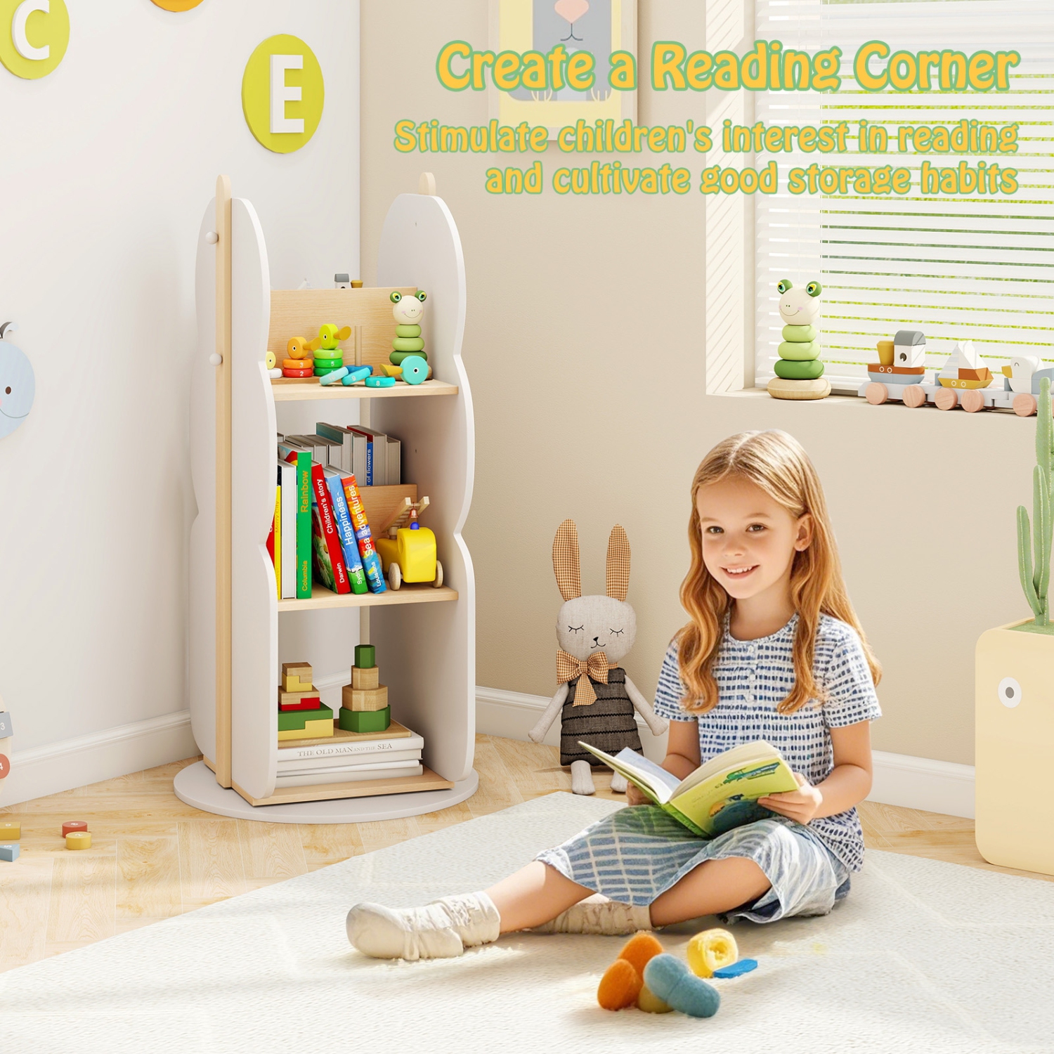 360° Rotating Kids Bookshelf with 5 Shelves and Toy Storage Organizer