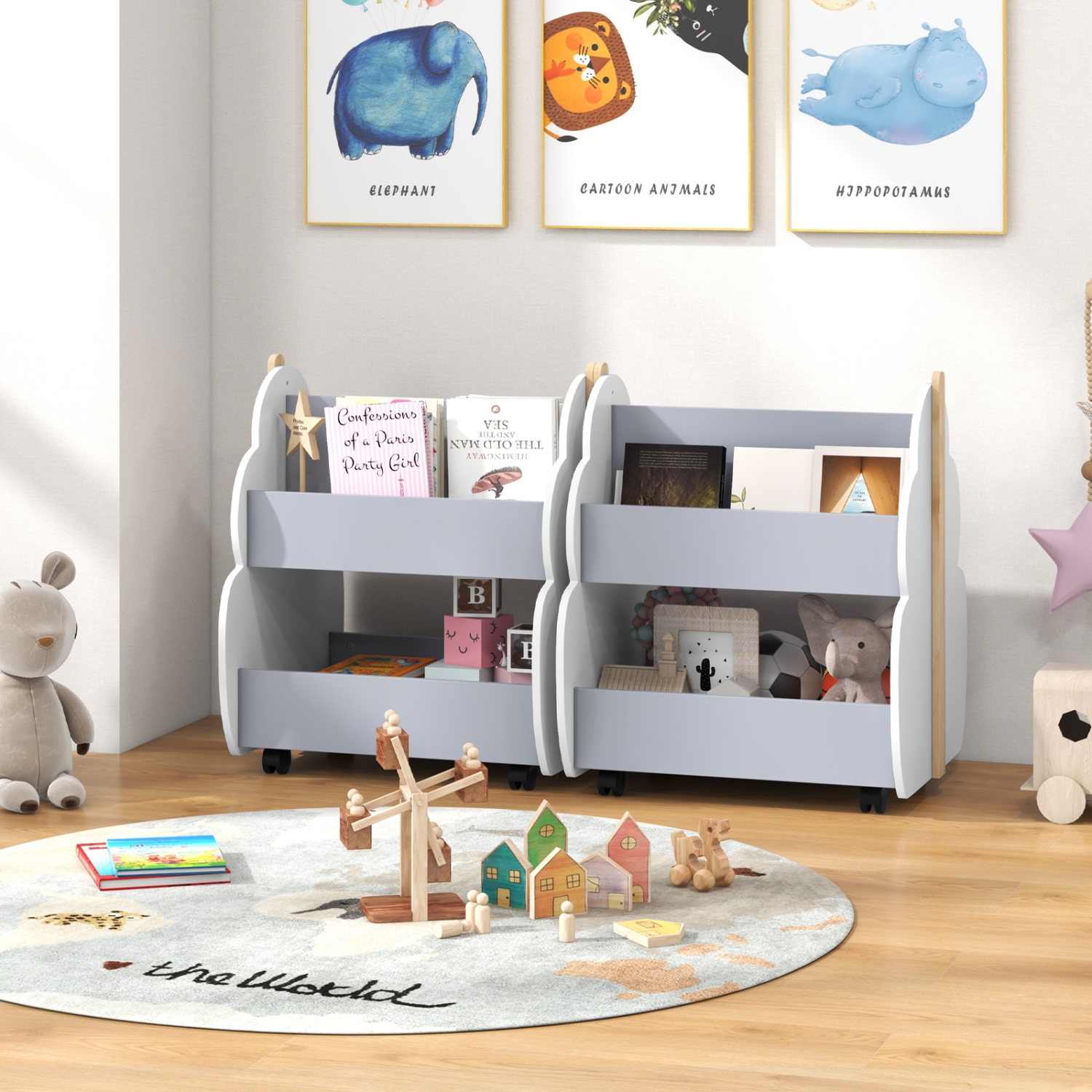 Portable Kids Wooden Bookshelf with Wheels for Bedroom or Playroom