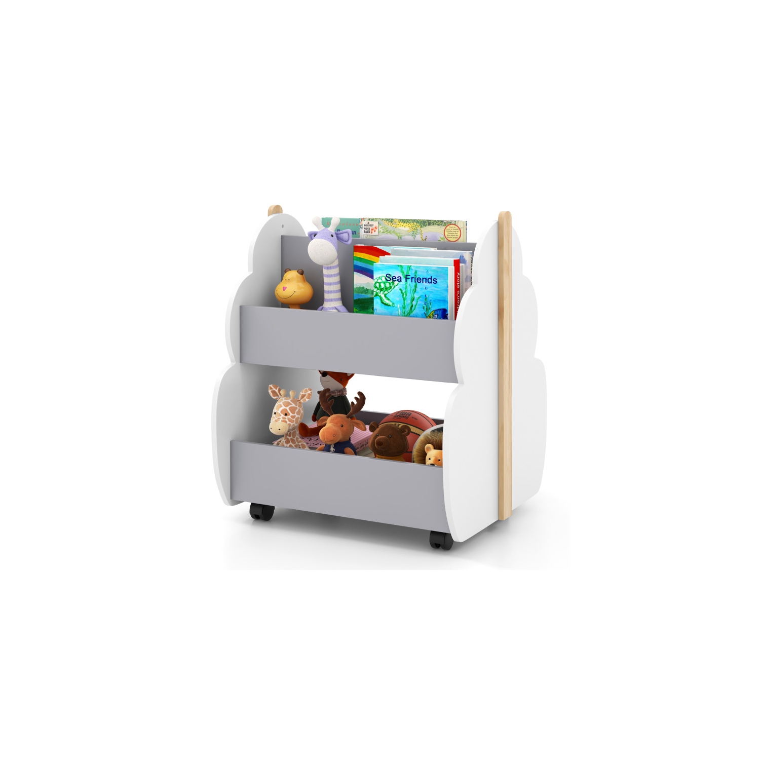 Portable Kids Wooden Bookshelf with Wheels for Bedroom or Playroom