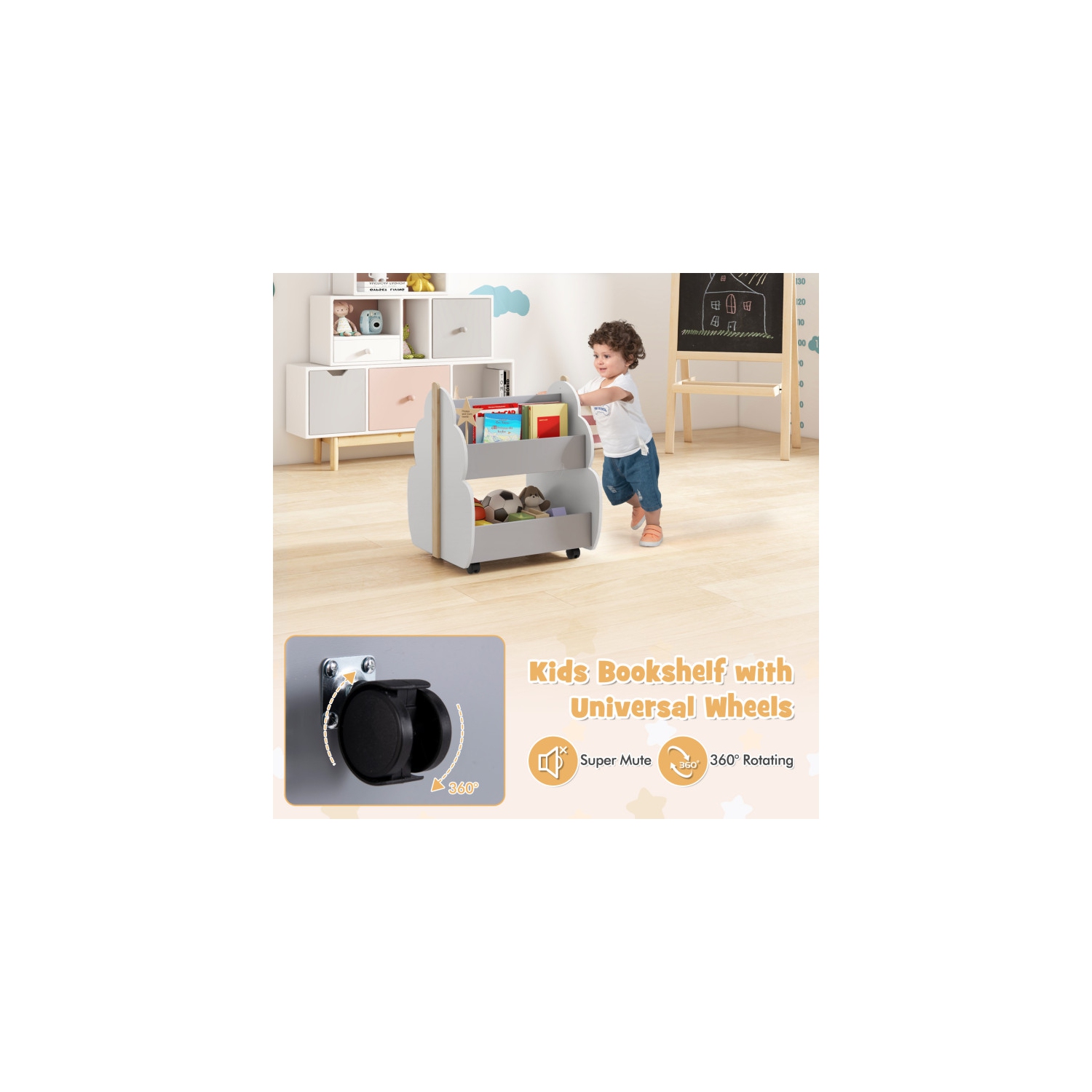 Portable Kids Wooden Bookshelf with Wheels for Bedroom or Playroom