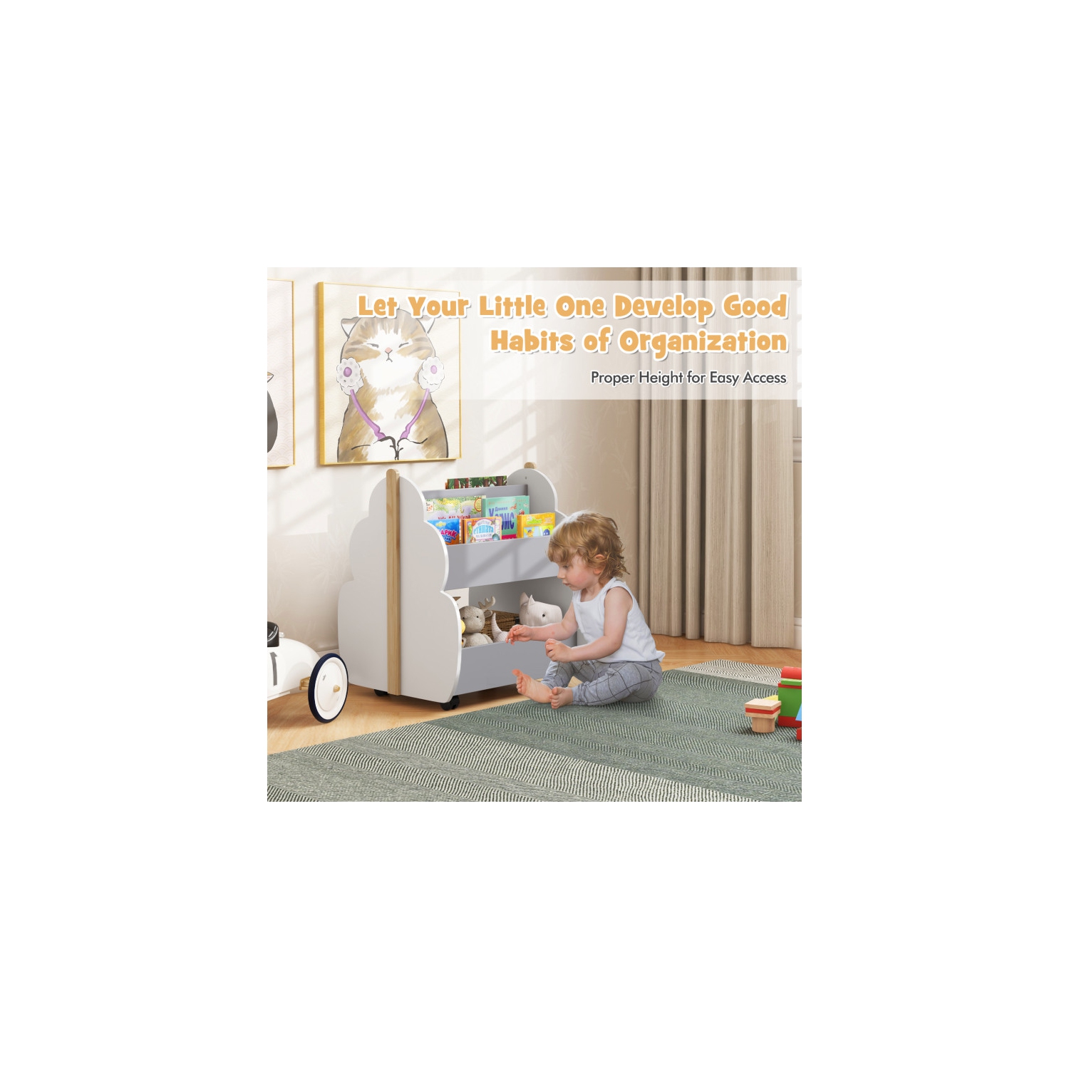 Portable Kids Wooden Bookshelf with Wheels for Bedroom or Playroom