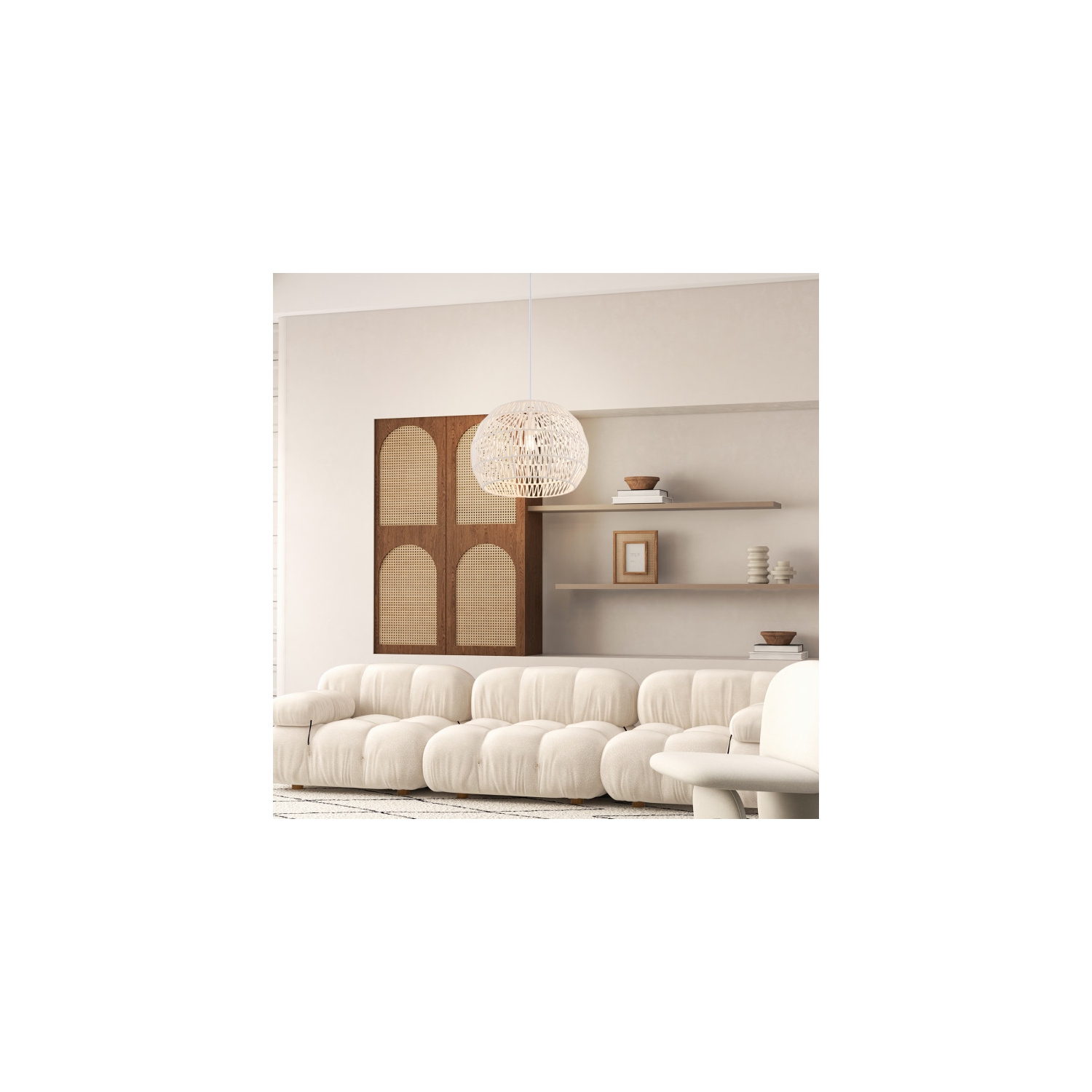 Lampe suspendue ronde en rotin avec corde réglable