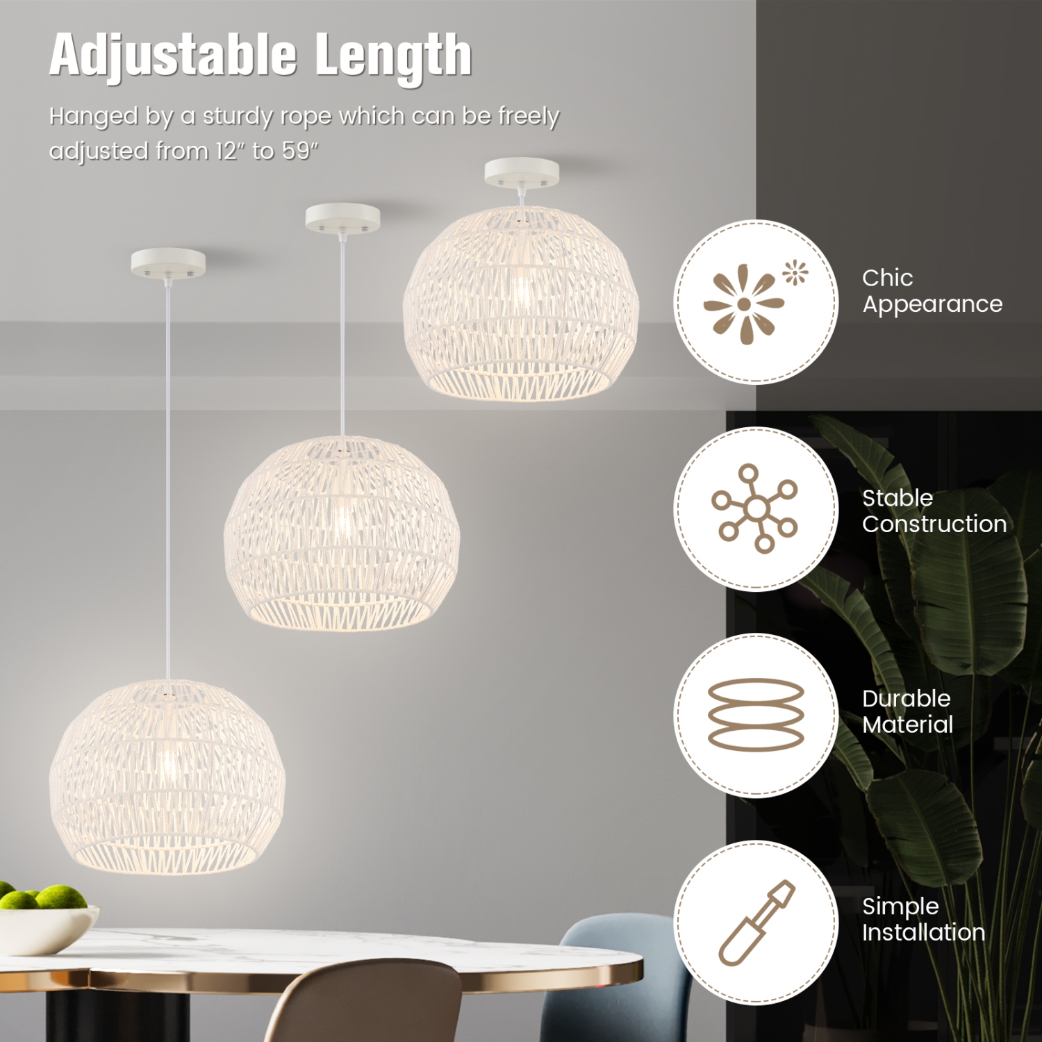 Lampe suspendue ronde en rotin avec corde réglable