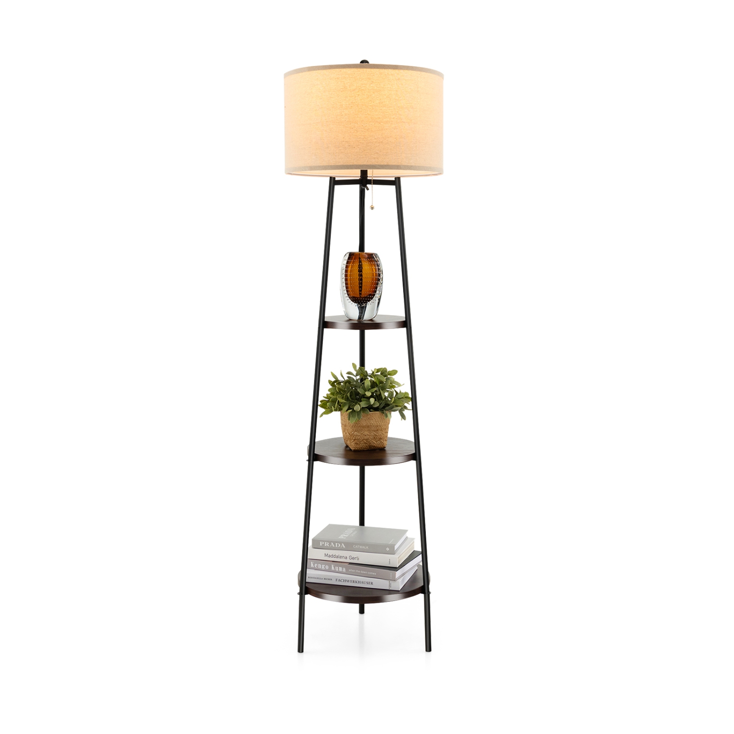 Modern Standing Lamp with Shelves and Linen Lampshade for Living Room