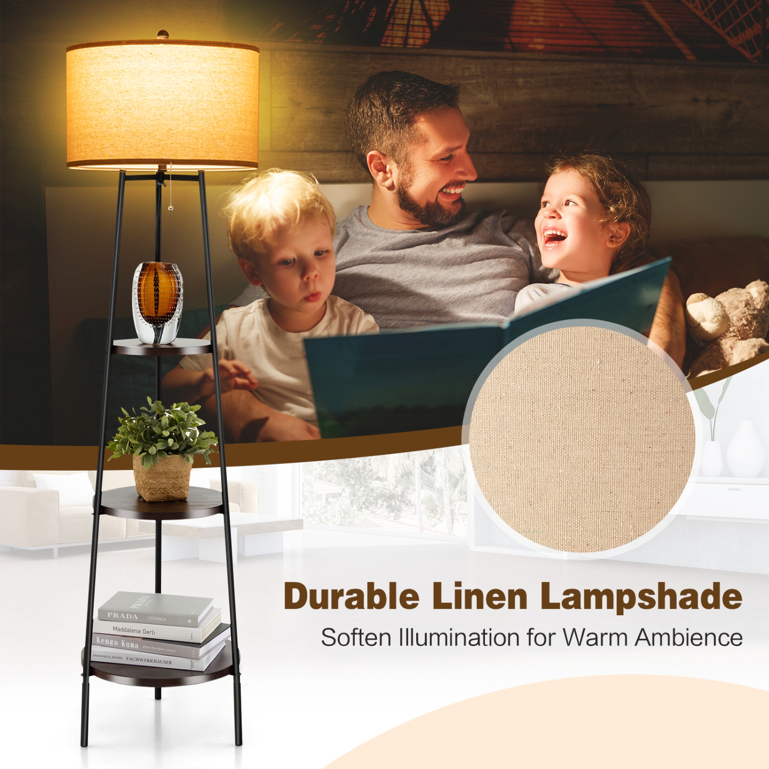 Modern Standing Lamp with Shelves and Linen Lampshade for Living Room