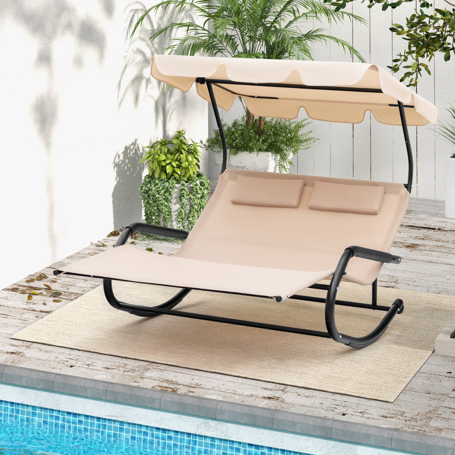 Patio Rocking Chaise Lounge for Two with Adjustable Canopy and Portable Wheels