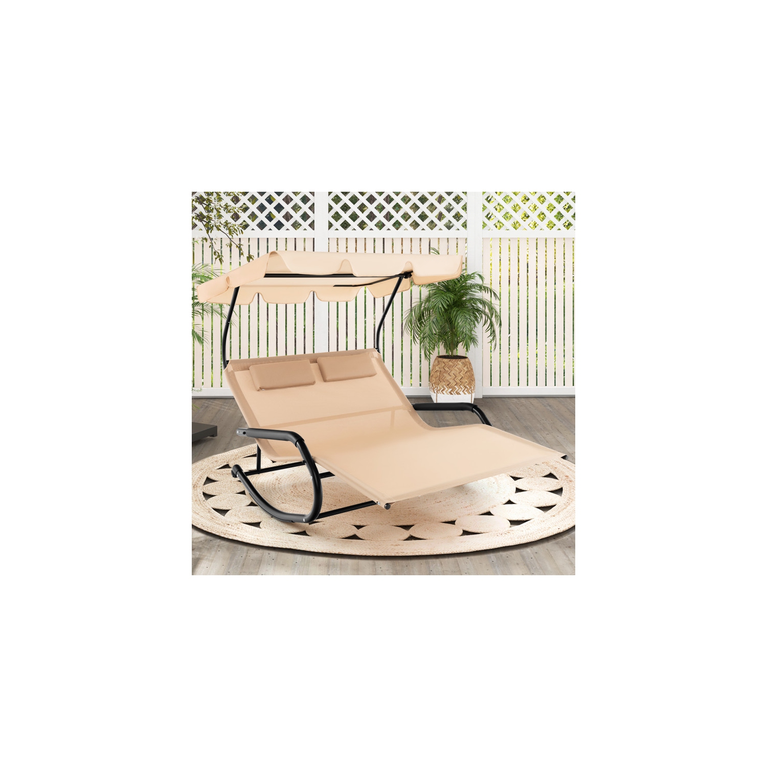 Patio Rocking Chaise Lounge for Two with Adjustable Canopy and Portable Wheels