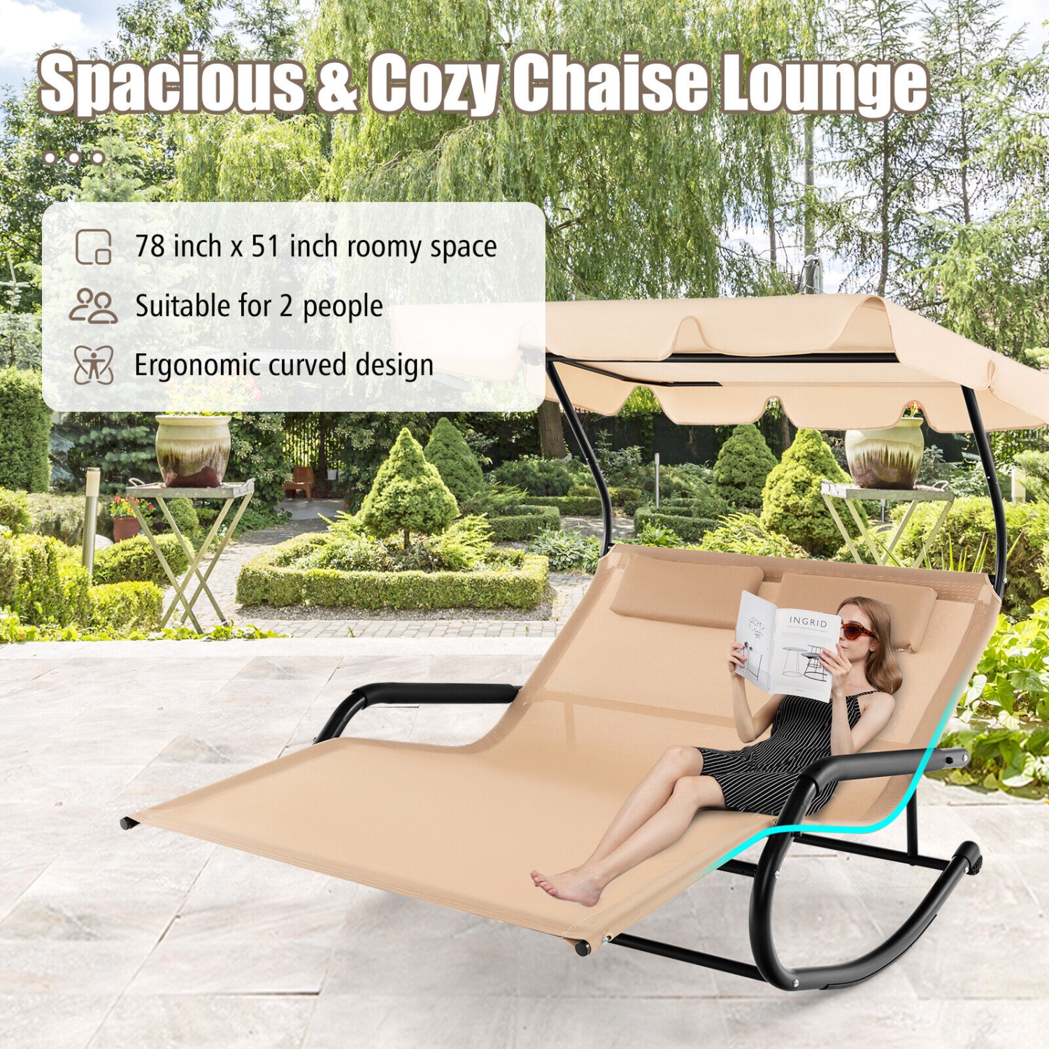 Patio Rocking Chaise Lounge for Two with Adjustable Canopy and Portable Wheels