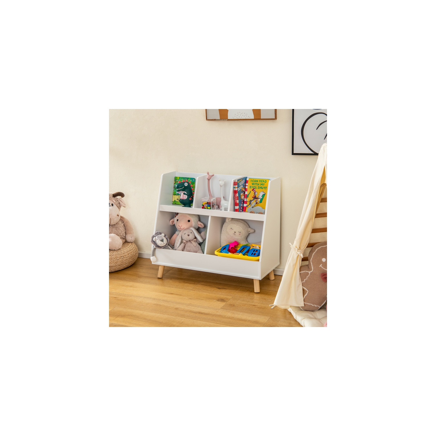 Kids Toy Organizer and 5-Cube Bookshelf with Secure Anti-Tipping Device