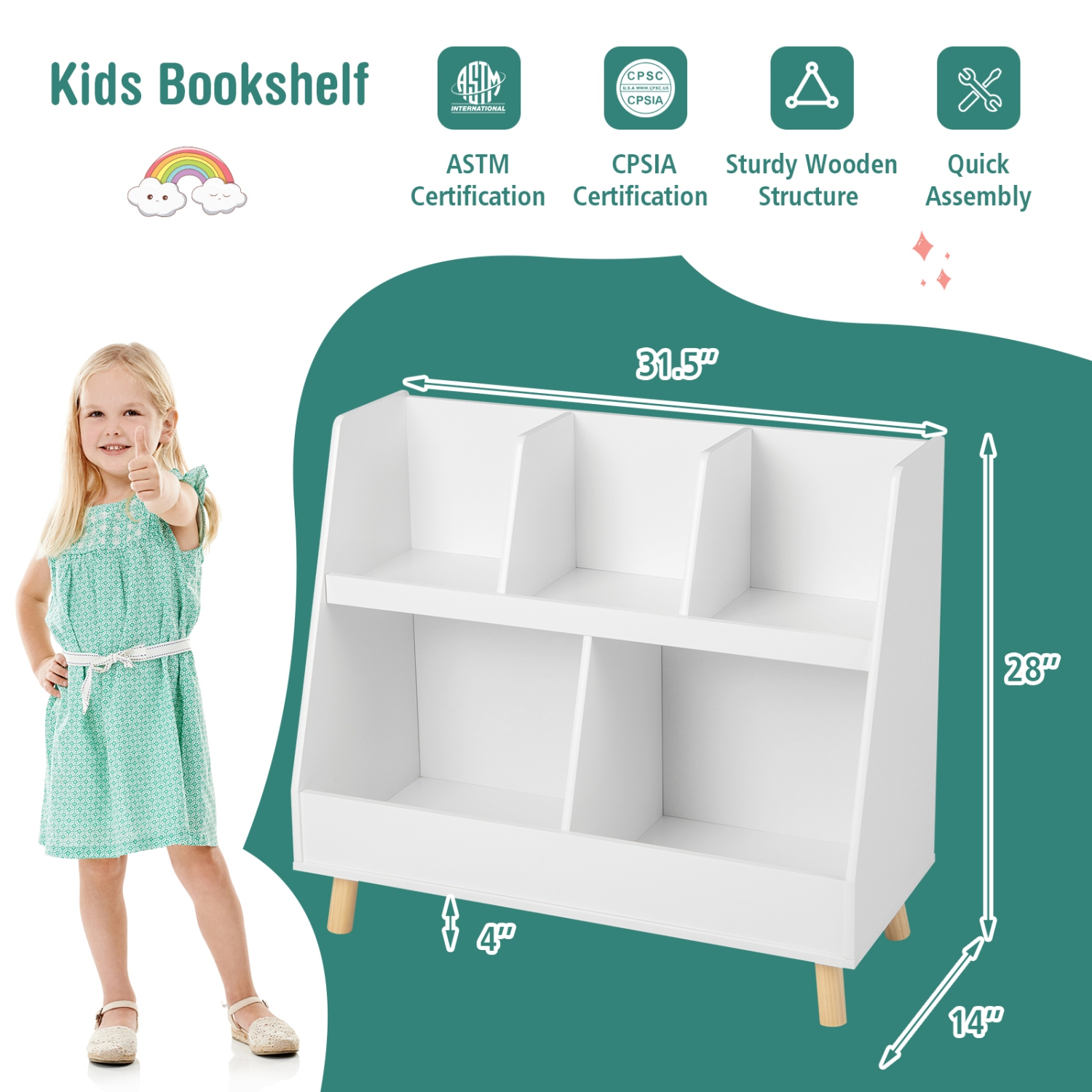 Kids Toy Organizer and 5-Cube Bookshelf with Secure Anti-Tipping Device