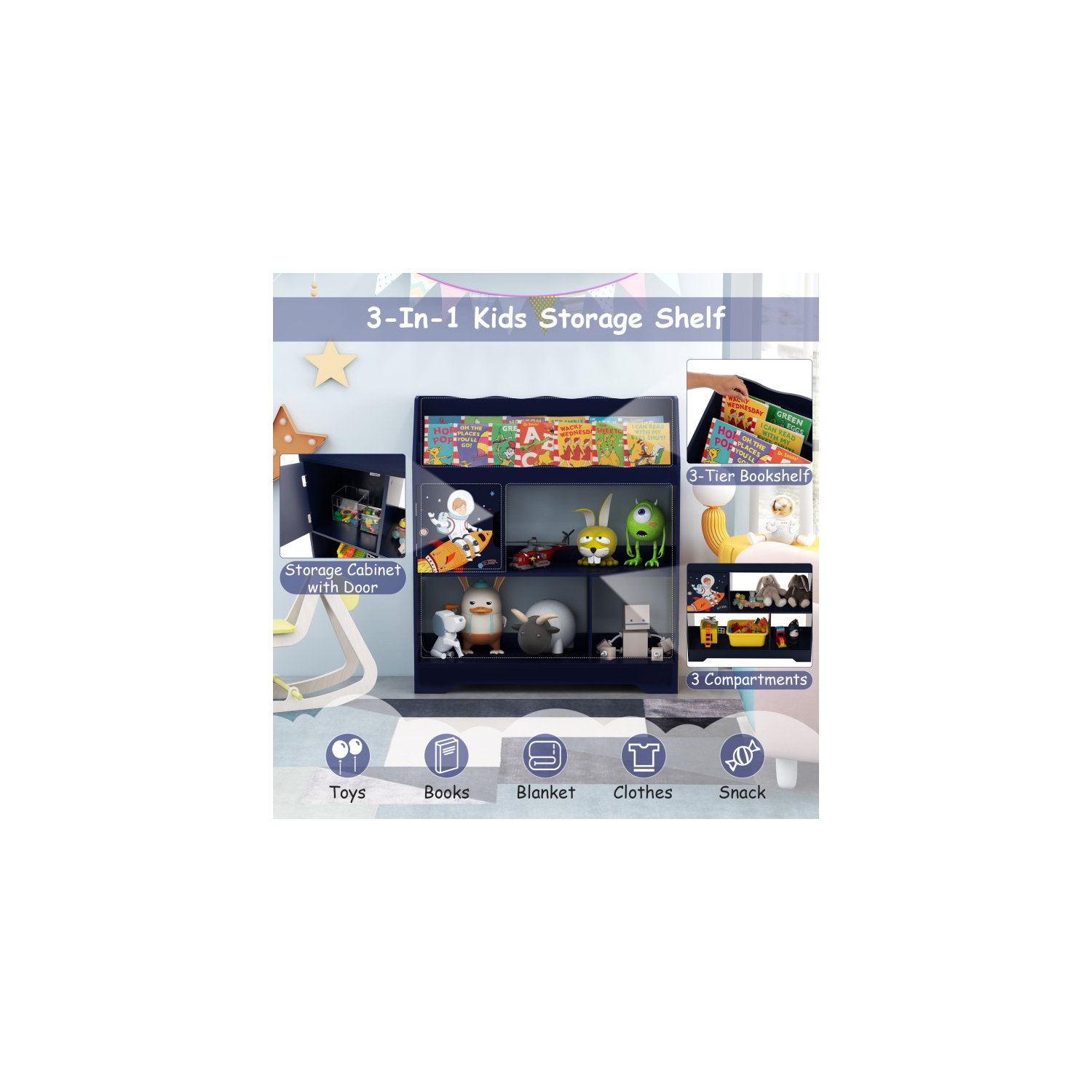 Kids Toy Storage Organizer with Bookshelf and Cabinet for Playroom