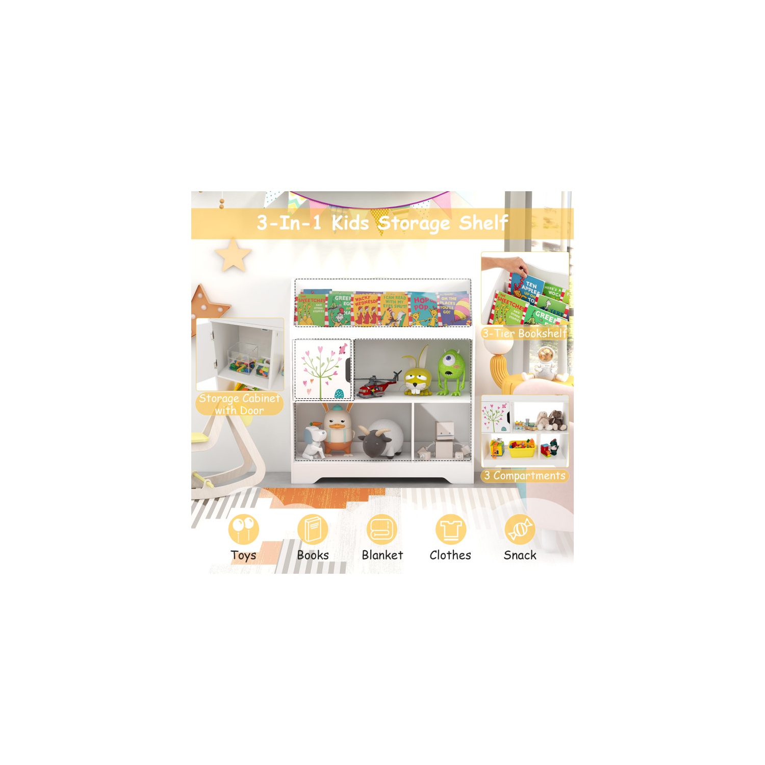 Kids Toy Storage Organizer with Bookshelf and Cabinet for Playroom