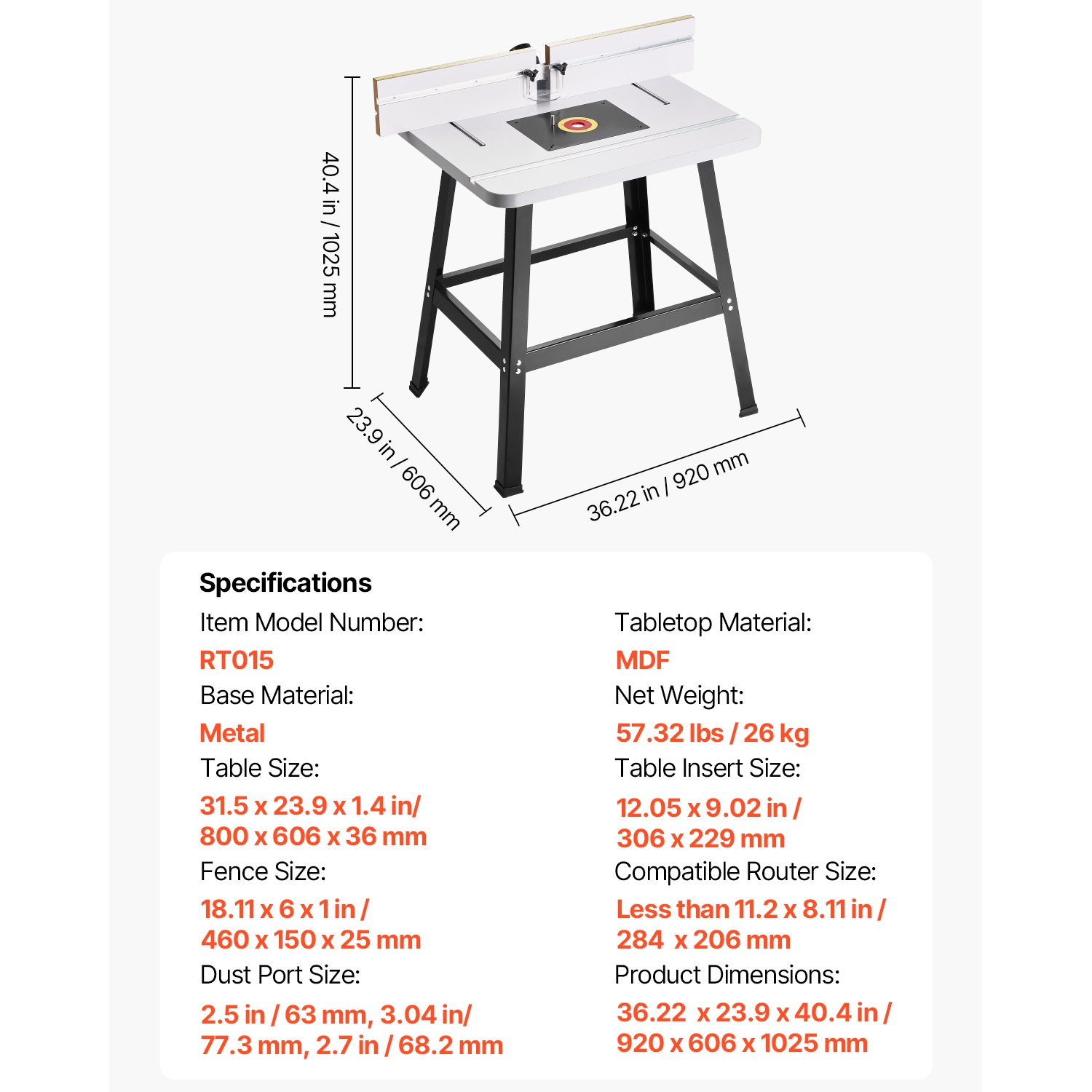 VEVOR 31.5 in x 23.9 in Precision Router Table System, Routing Table Accessory Kit with Adjustable Fence, MDF Top, Sturdy Metal Base, Compatible with