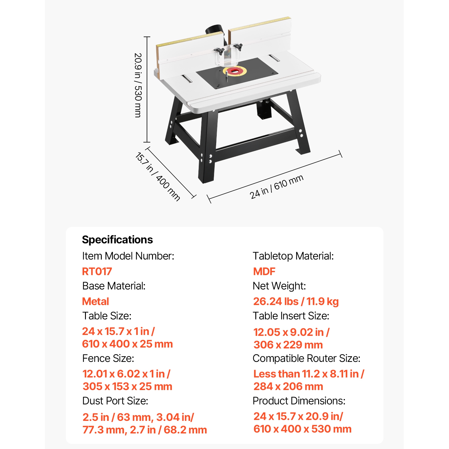 Table à toupie de 24 x 15,7&nbsp;po de VEVOR, table de routage de table avec clôture réglable, dessus en MDF, port de collecte de poussière de 2 1/2,