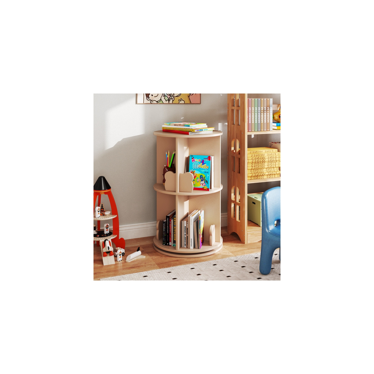 Bibliothèque autonome à 2 niveaux pour enfants avec tablettes rotatives et séparateurs en forme d'ours