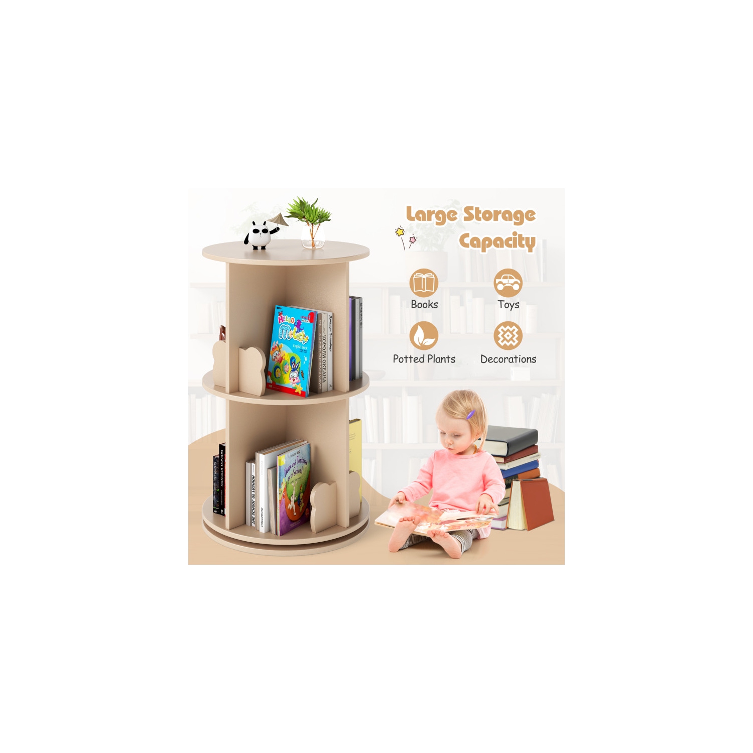 Bibliothèque autonome à 2 niveaux pour enfants avec tablettes rotatives et séparateurs en forme d'ours