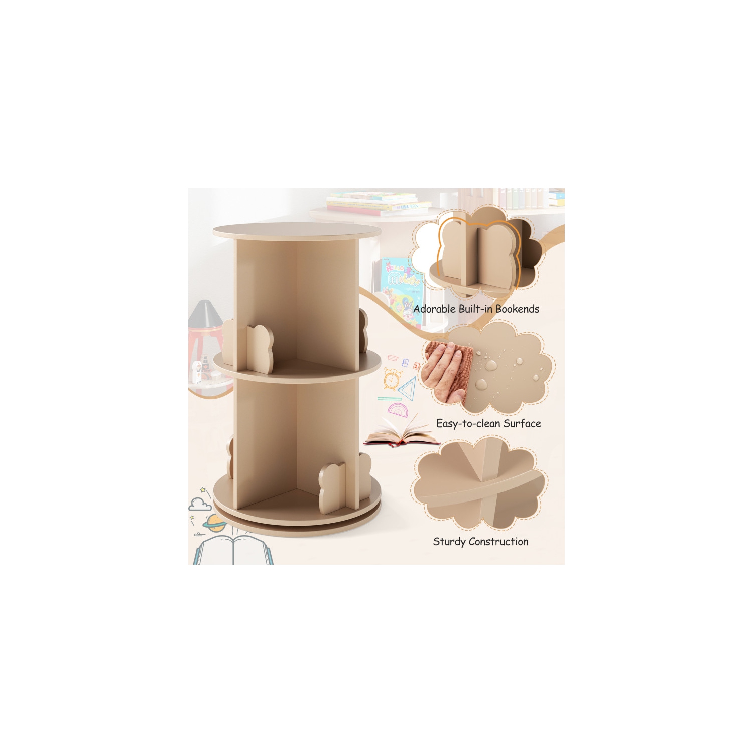 Bibliothèque autonome à 2 niveaux pour enfants avec tablettes rotatives et séparateurs en forme d'ours