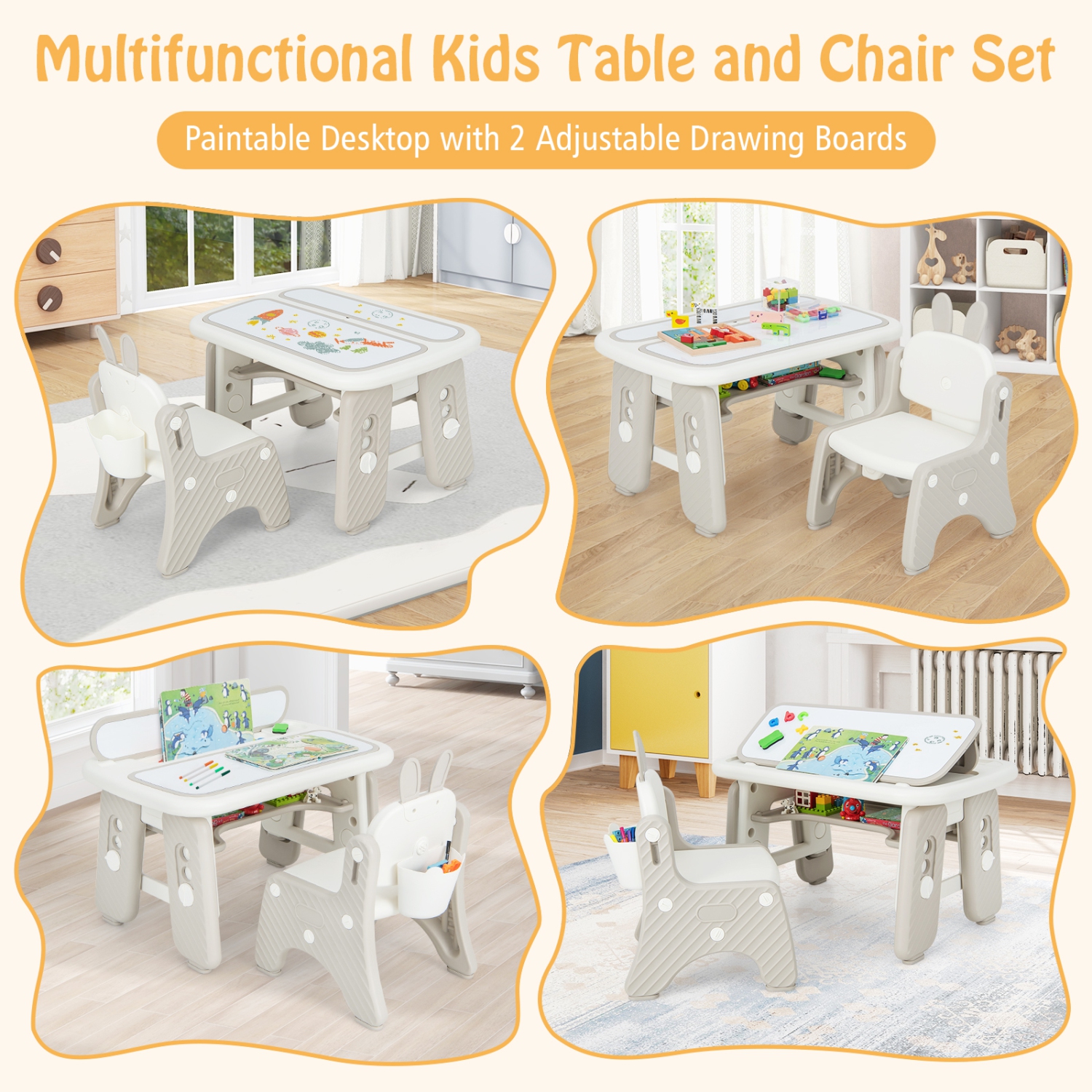 Kids Table and Chair Set with Flip-Top Bookshelf for Storage and Study