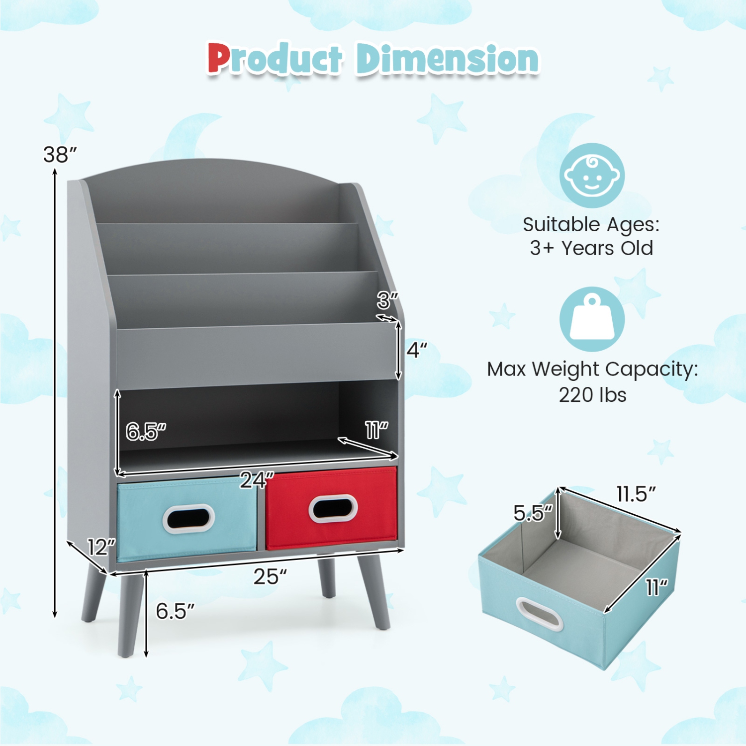 Bibliothèque pour enfants avec compartiment de rangement ouvert pour les tout-petits de 3 ans et plus