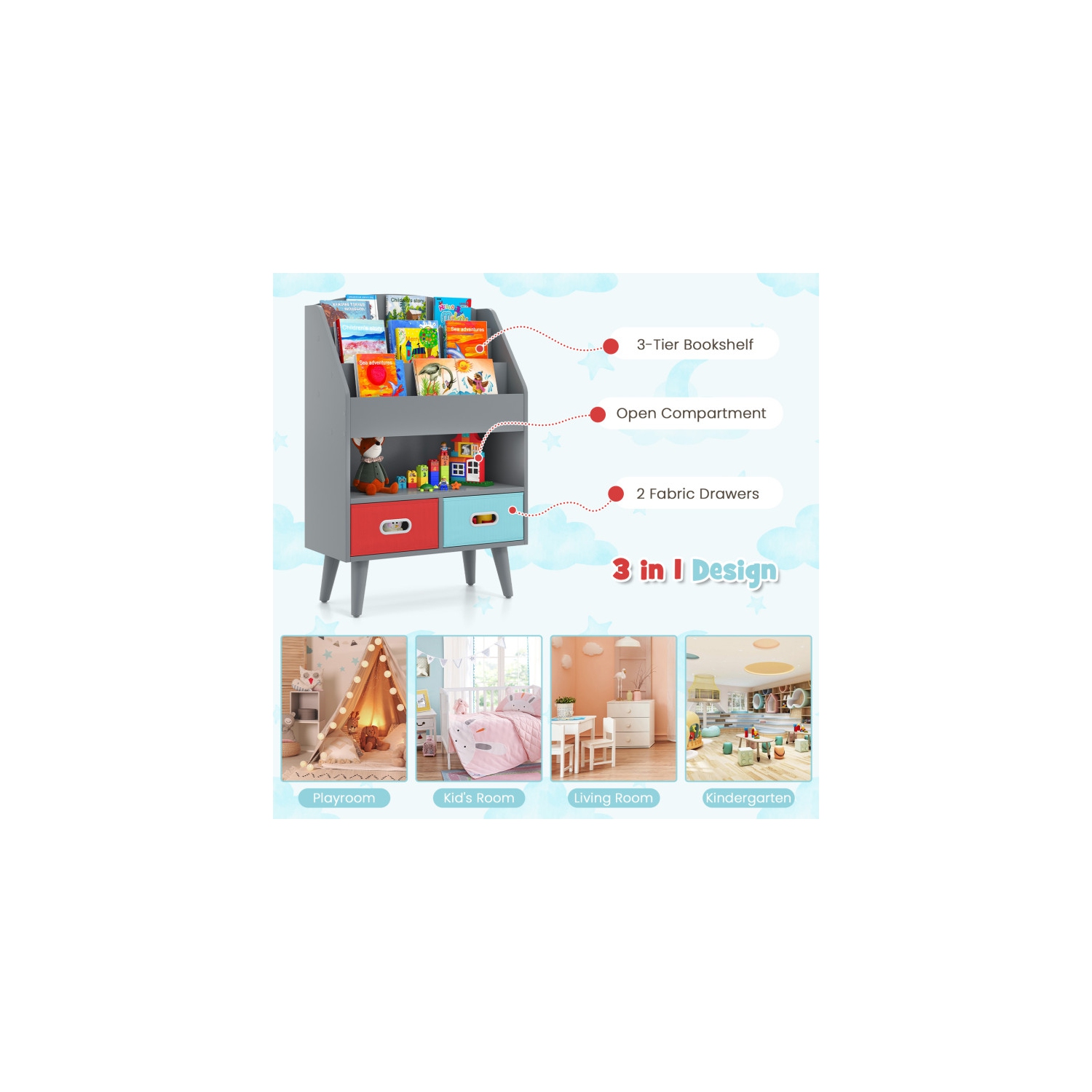 Bibliothèque pour enfants avec compartiment de rangement ouvert pour les tout-petits de 3 ans et plus