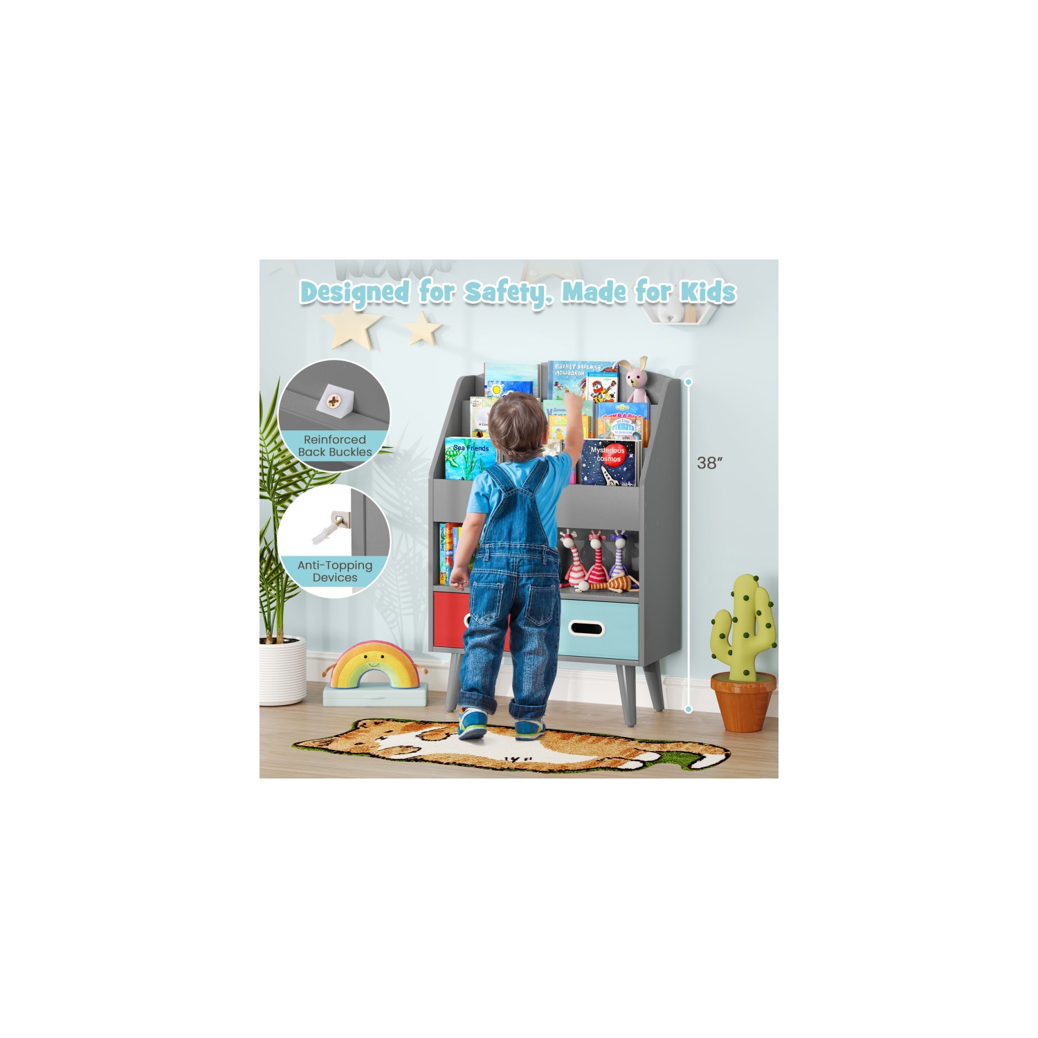 Bibliothèque pour enfants avec compartiment de rangement ouvert pour les tout-petits de 3 ans et plus