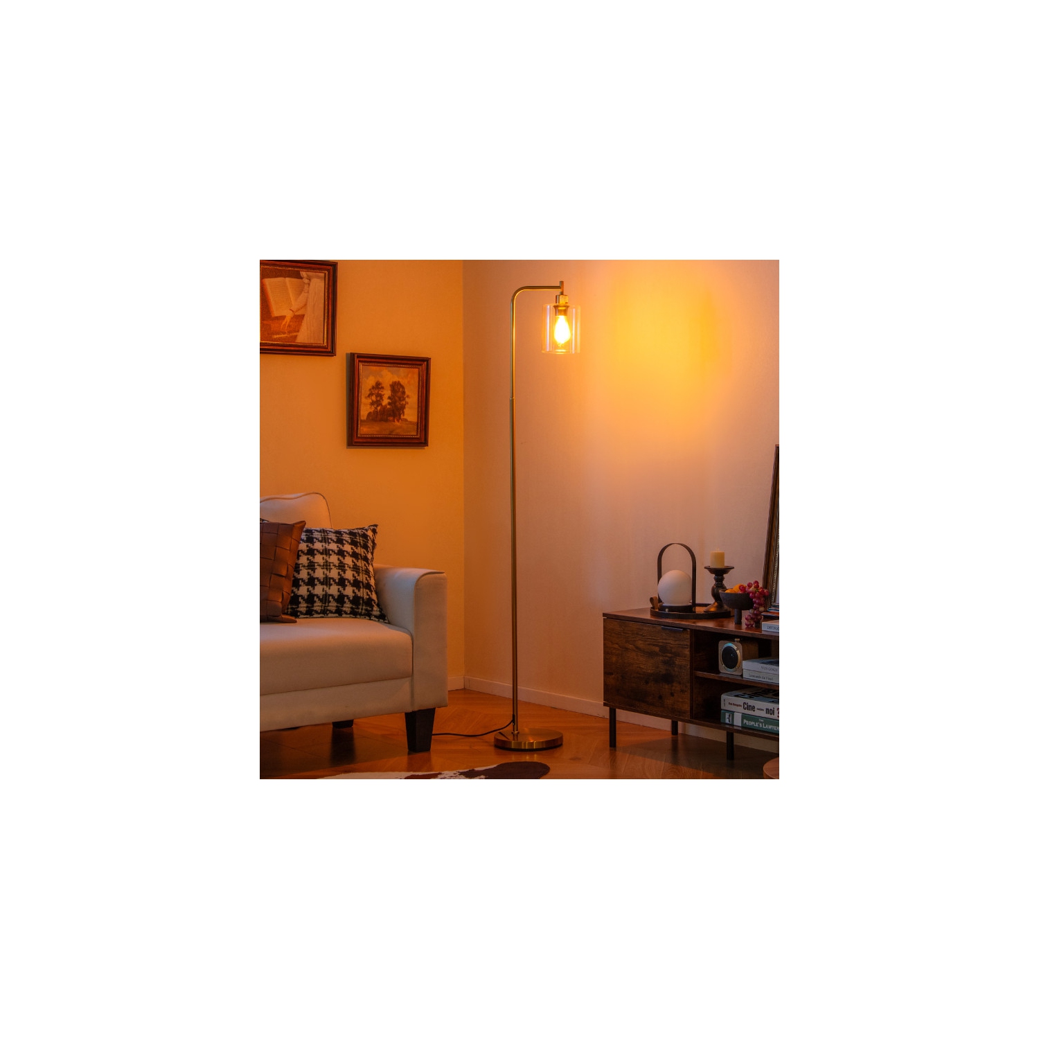 Contemporary Floor Lamp with Glass Hanging Shade and Foot Switch