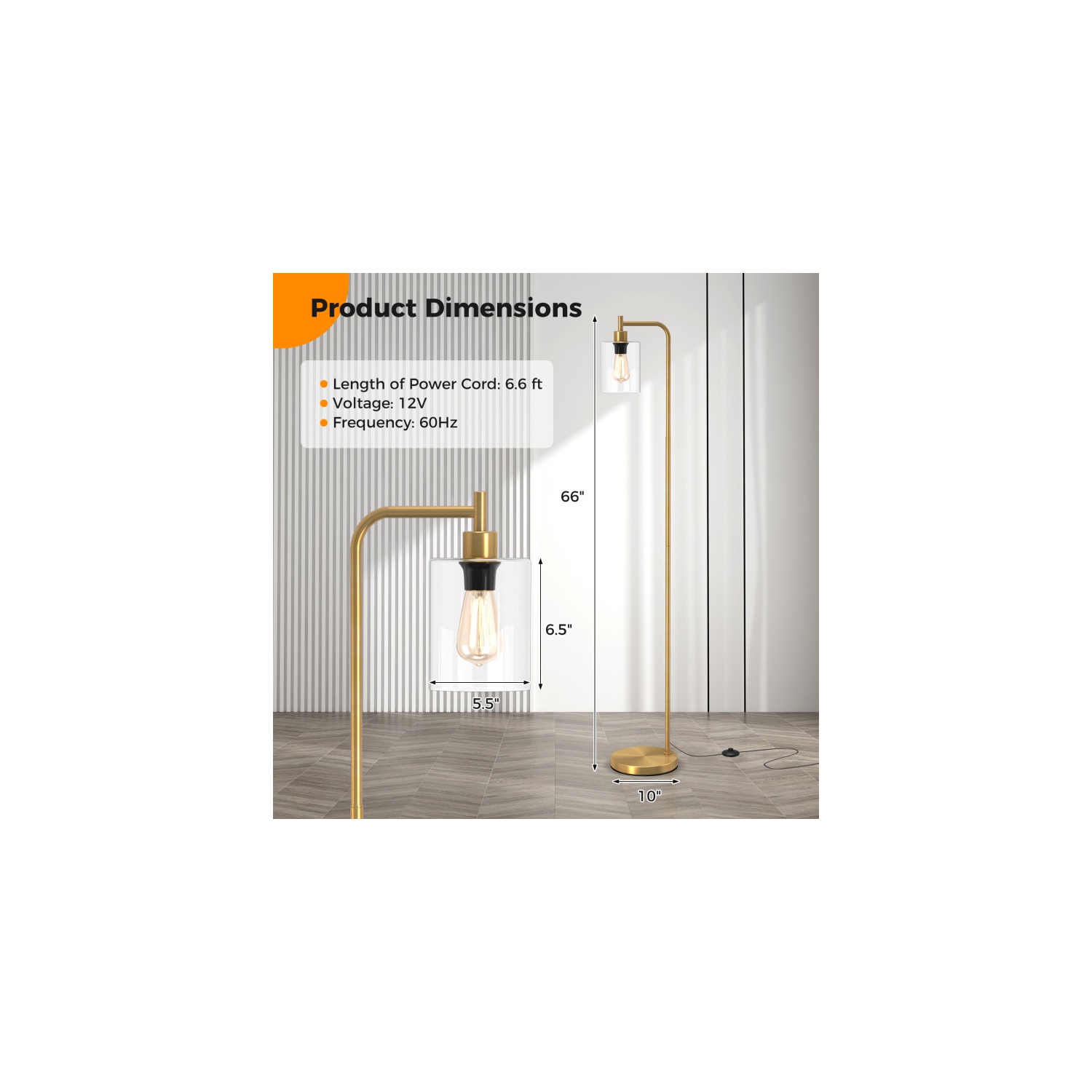 Contemporary Floor Lamp with Glass Hanging Shade and Foot Switch