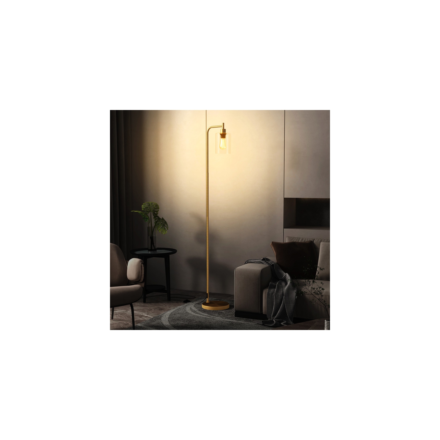 Contemporary Floor Lamp with Glass Hanging Shade and Foot Switch