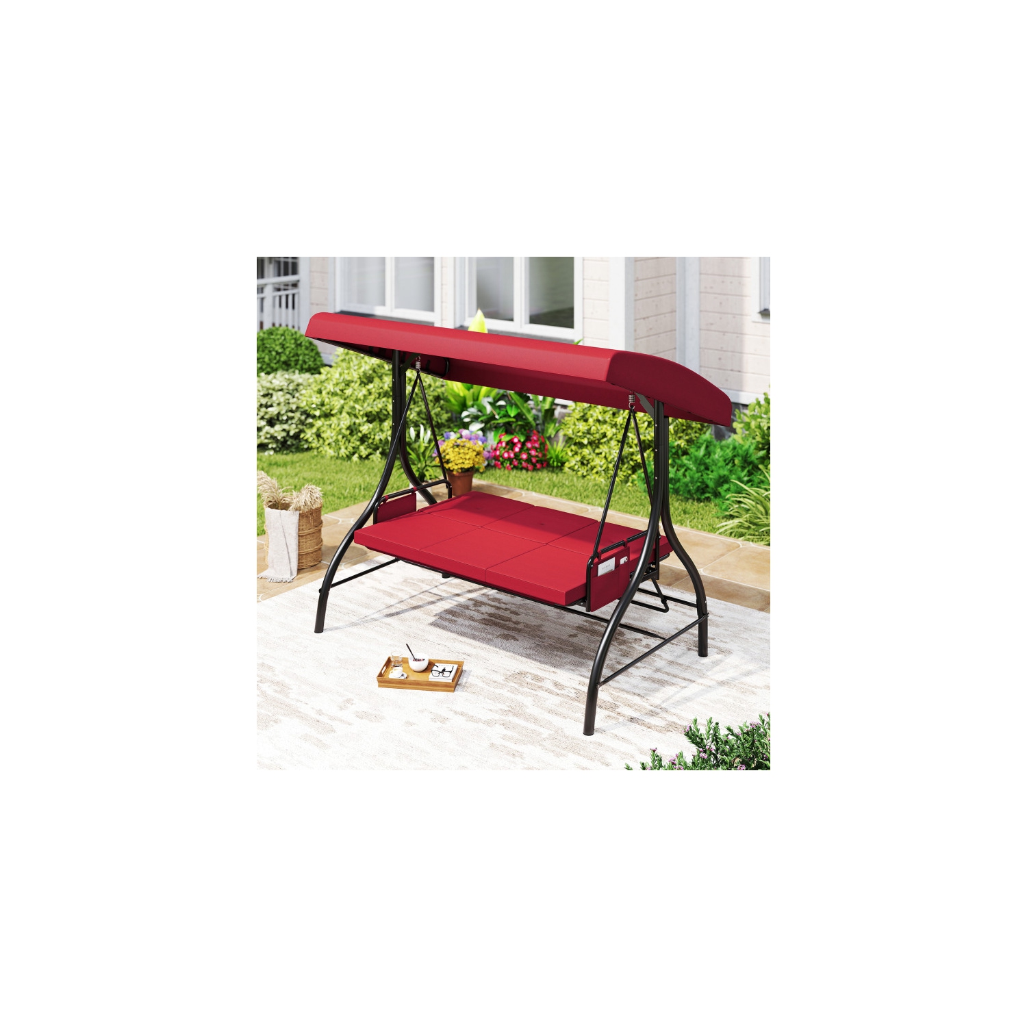 Balançoire pour patio 3 pièces – Balançoire d'extérieur confortable avec coussins et rangement latéral