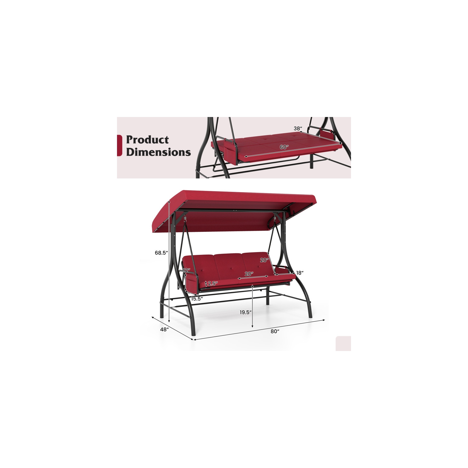 Balançoire pour patio 3 pièces – Balançoire d'extérieur confortable avec coussins et rangement latéral