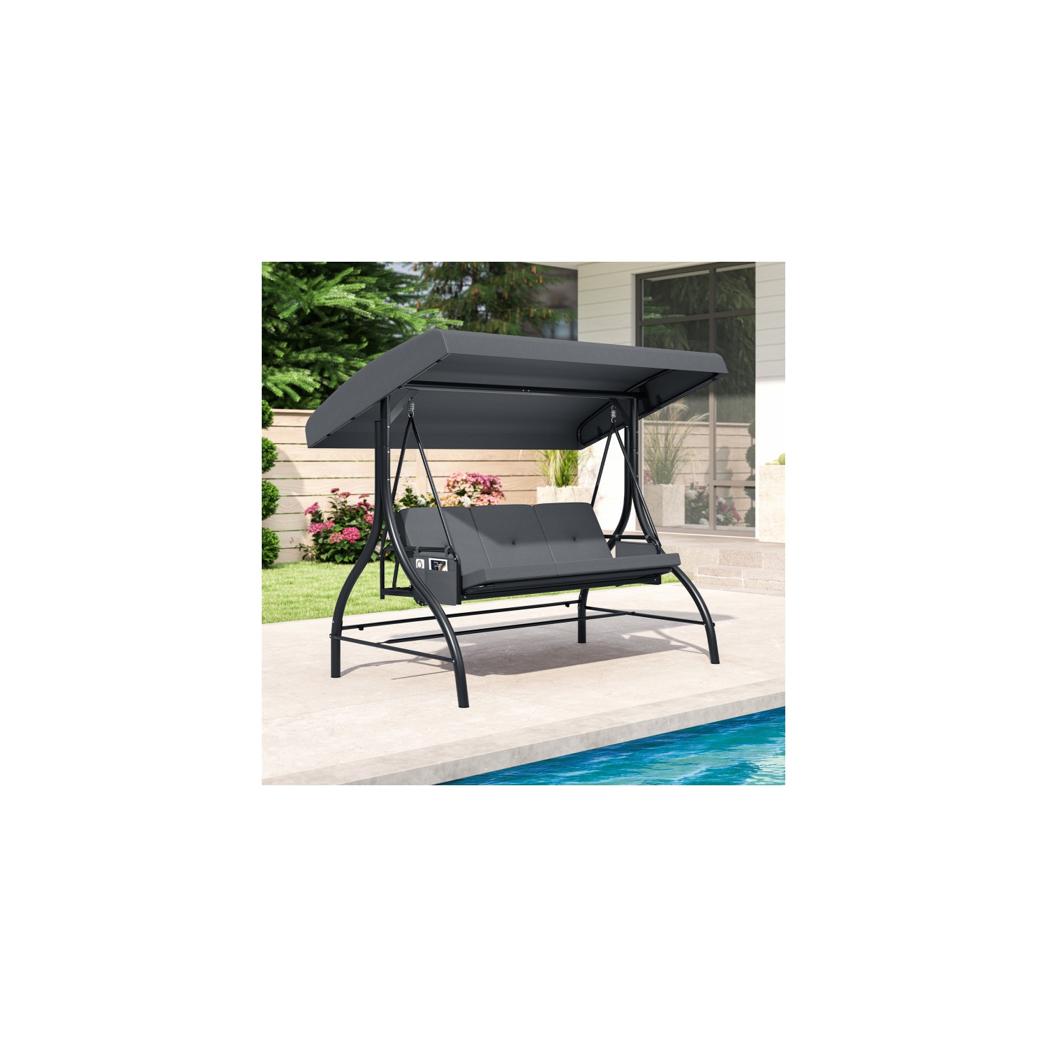 Balançoire pour patio 3 pièces – Balançoire d'extérieur confortable avec coussins et rangement latéral