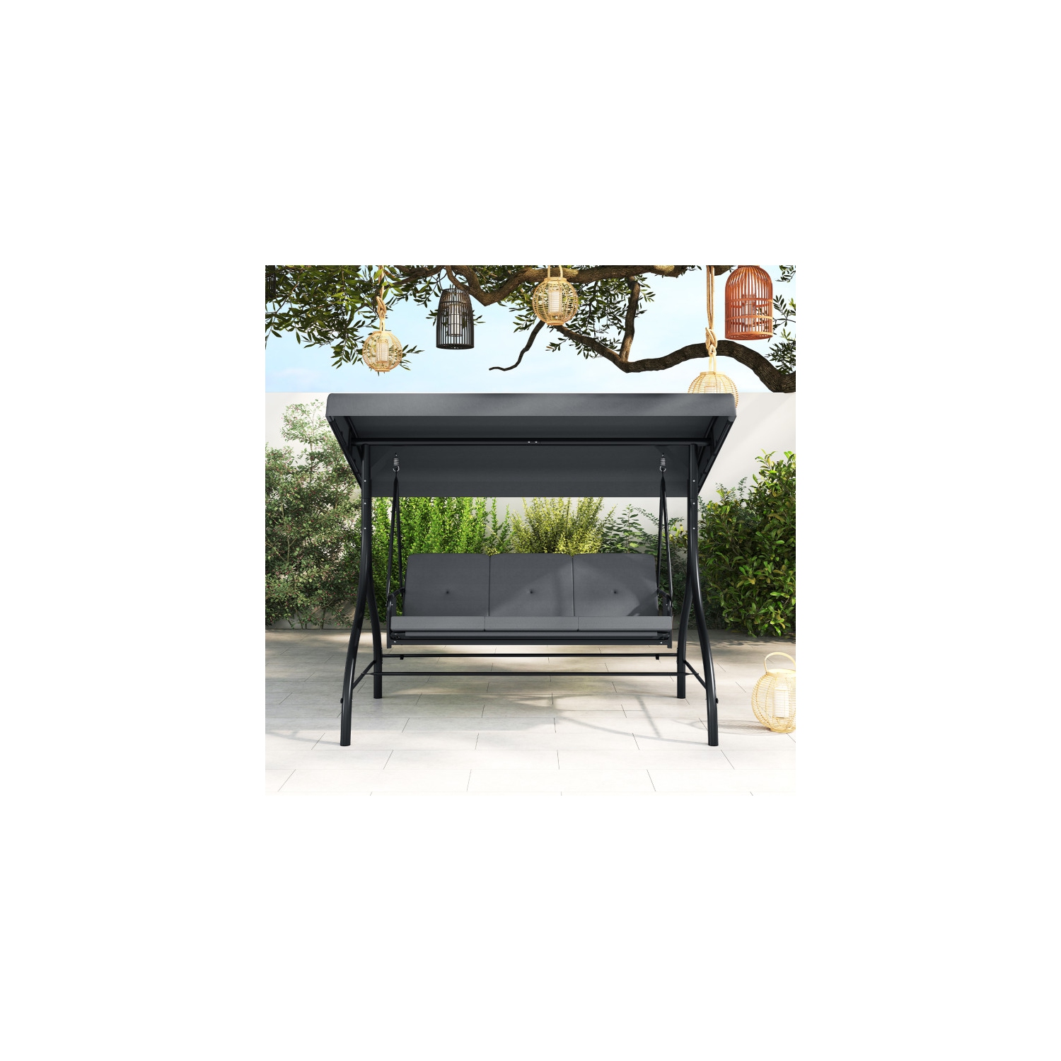 Balançoire pour patio 3 pièces – Balançoire d'extérieur confortable avec coussins et rangement latéral