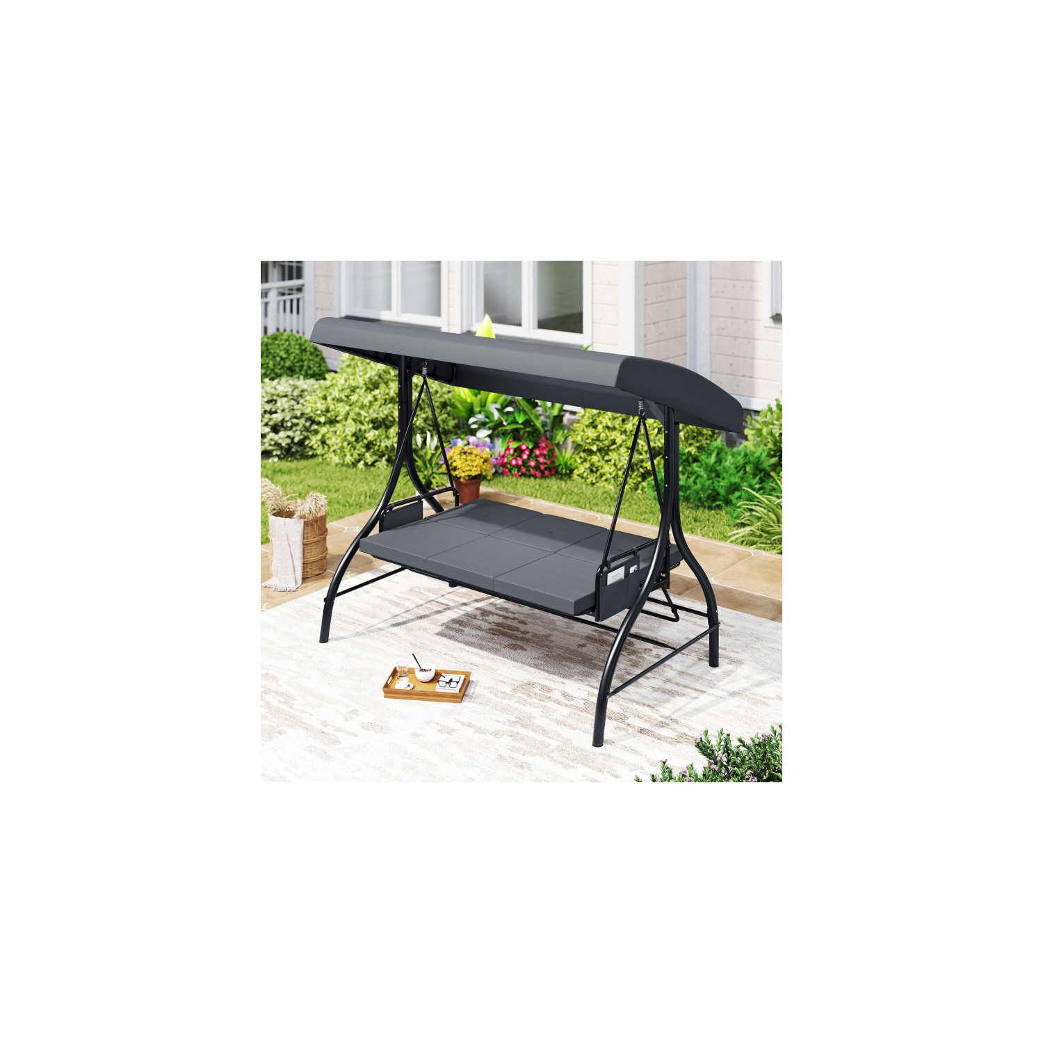 Balançoire pour patio 3 pièces – Balançoire d'extérieur confortable avec coussins et rangement latéral