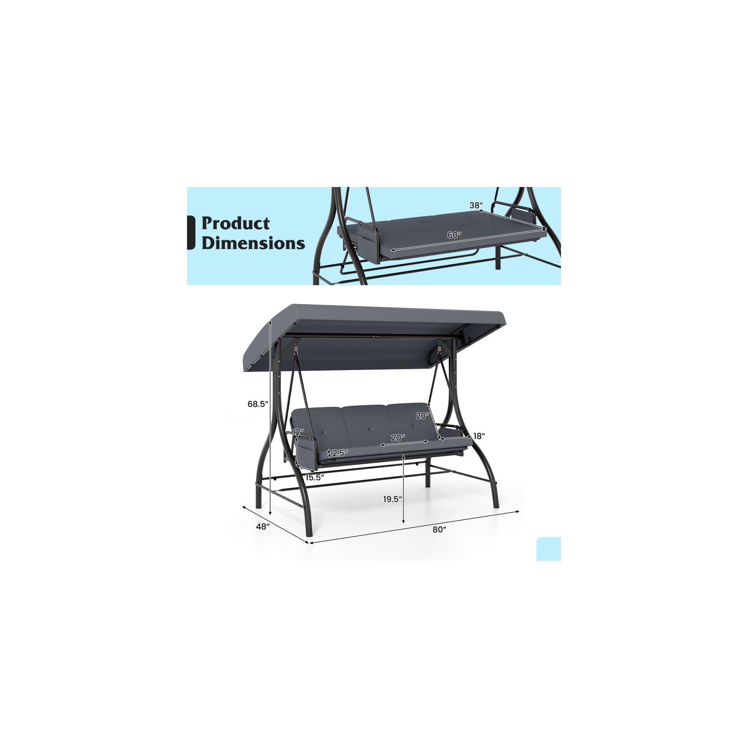 Balançoire pour patio 3 pièces – Balançoire d'extérieur confortable avec coussins et rangement latéral