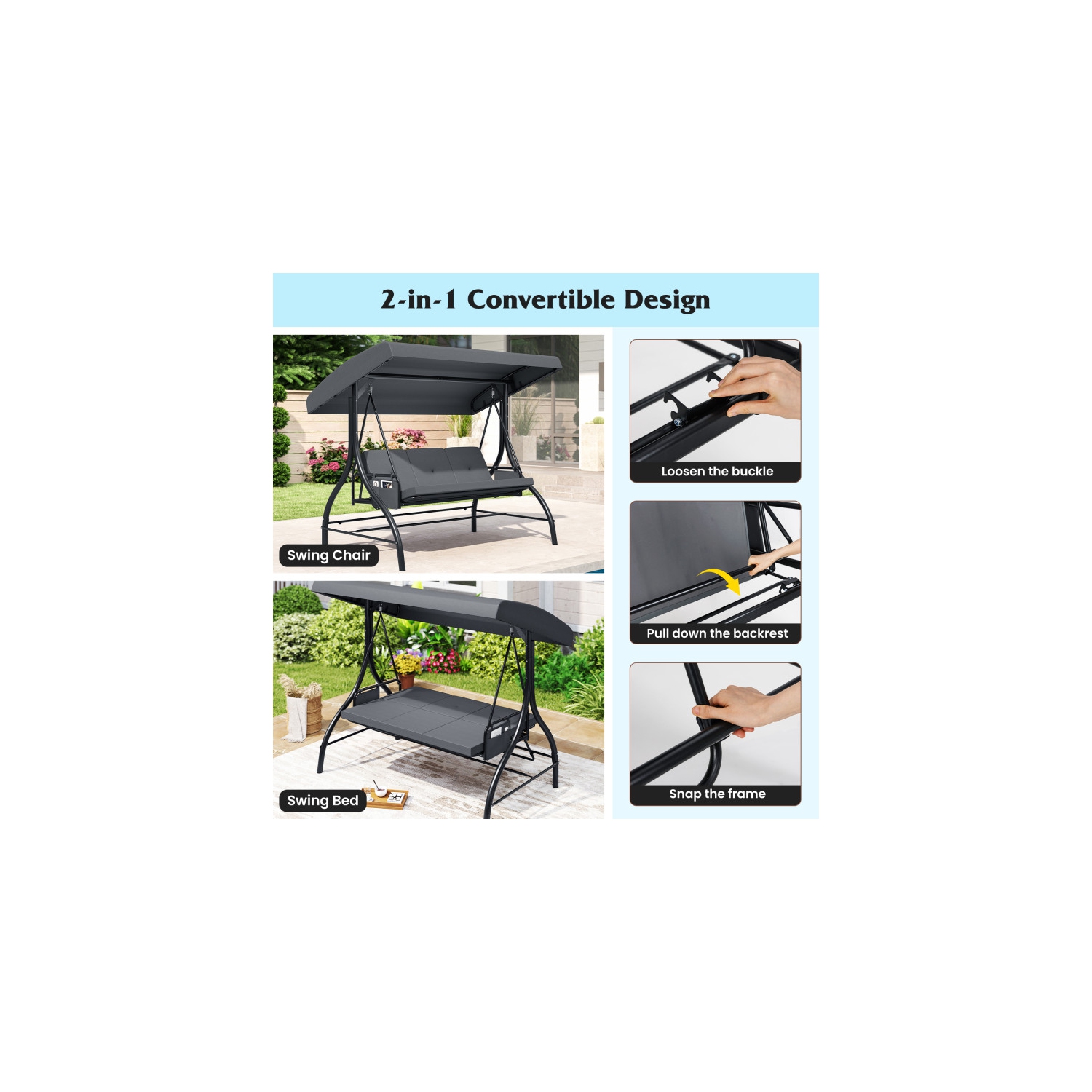 Balançoire pour patio 3 pièces – Balançoire d'extérieur confortable avec coussins et rangement latéral