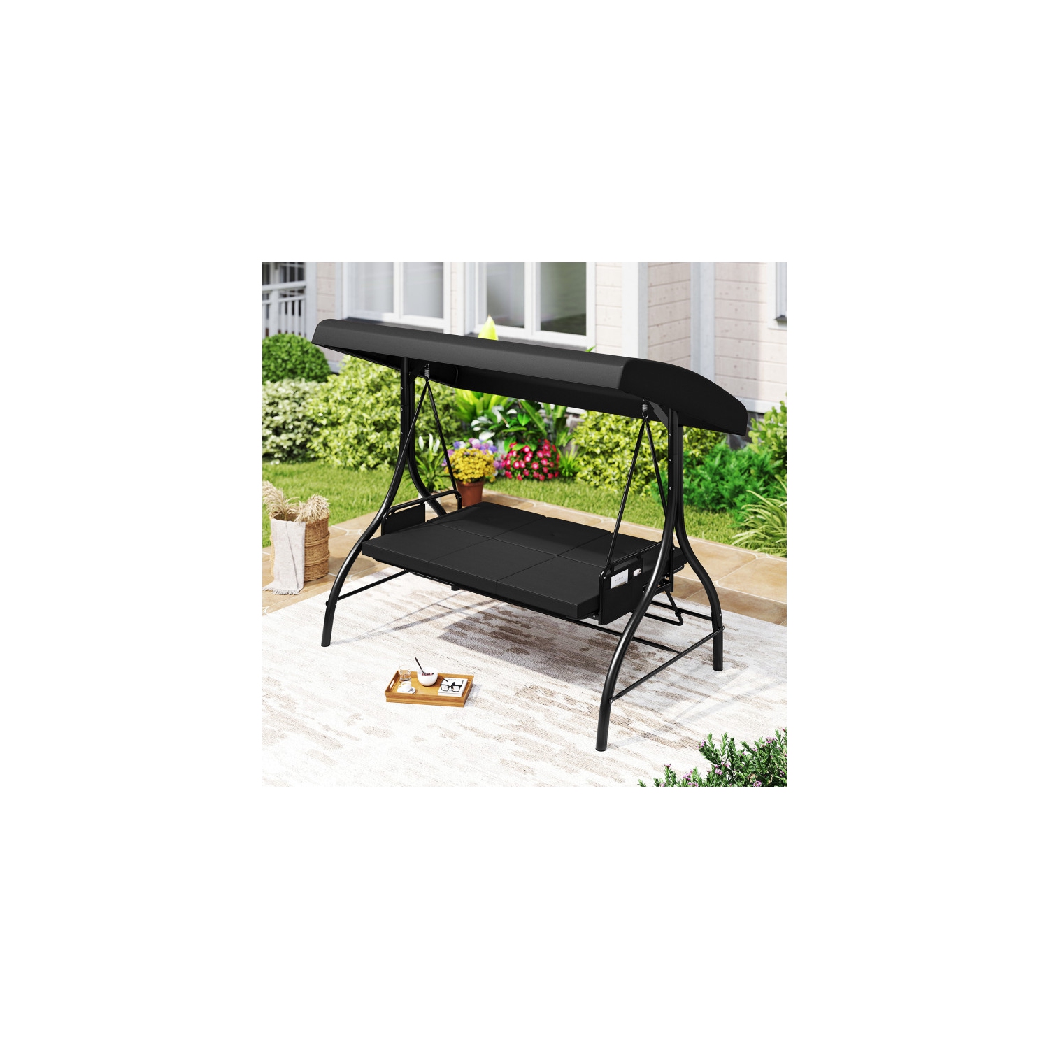 Balançoire pour patio 3 pièces – Balançoire d'extérieur confortable avec coussins et rangement latéral