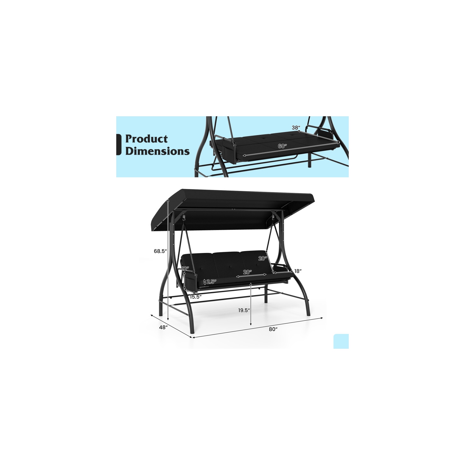 Balançoire pour patio 3 pièces – Balançoire d'extérieur confortable avec coussins et rangement latéral