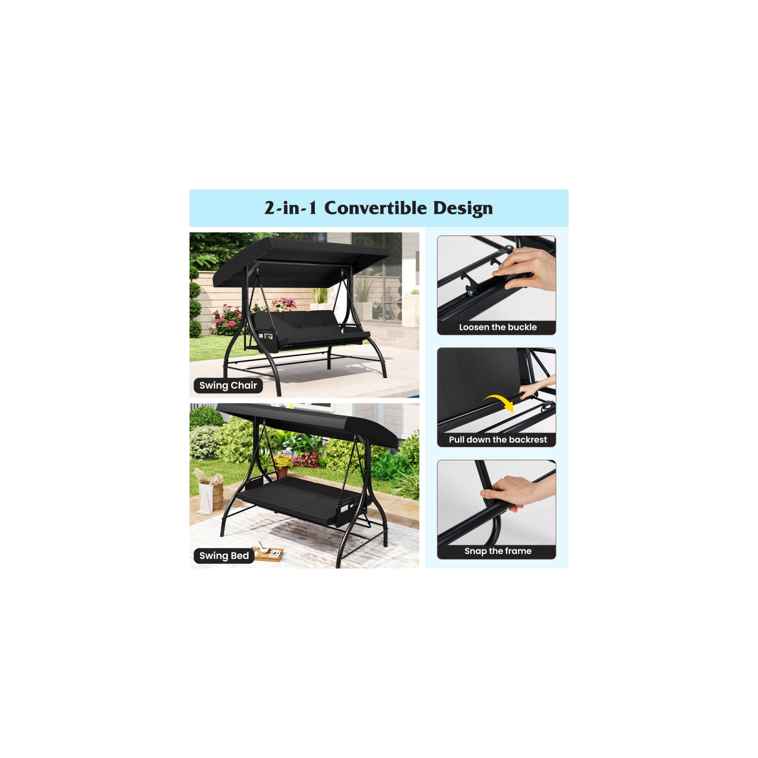 Balançoire pour patio 3 pièces – Balançoire d'extérieur confortable avec coussins et rangement latéral