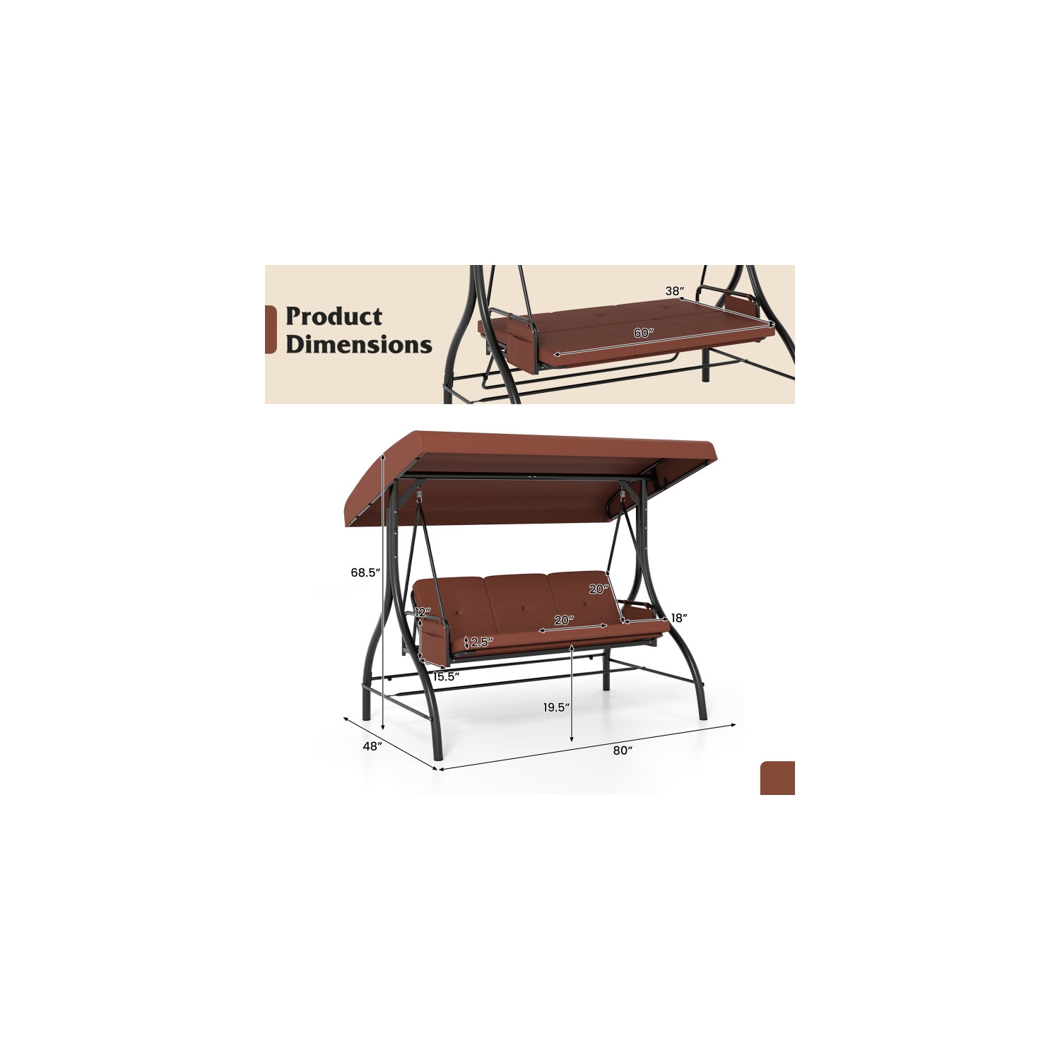 Balançoire pour patio 3 pièces – Balançoire d'extérieur confortable avec coussins et rangement latéral