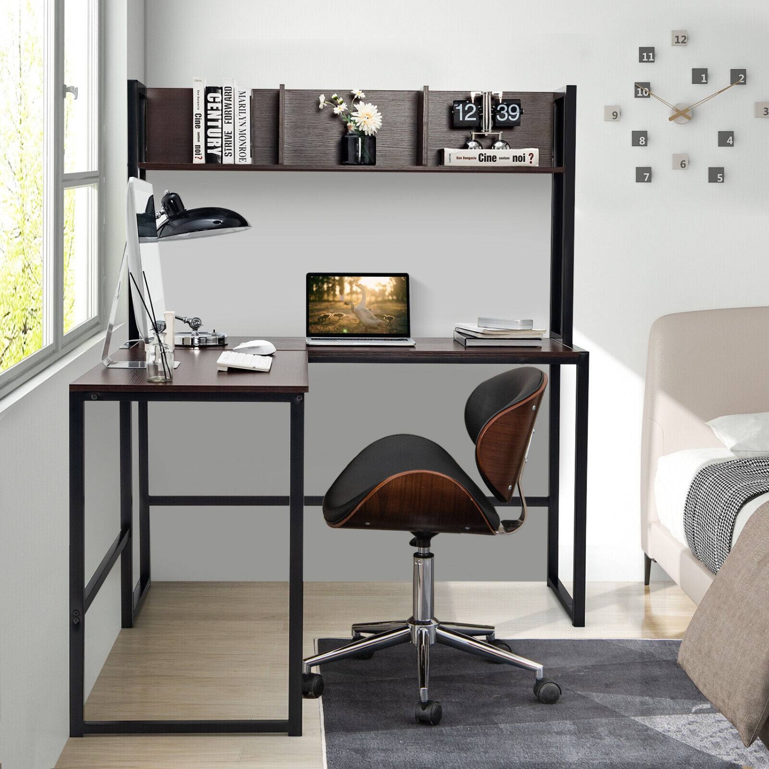 Industrial L-Shaped Desk with Bookshelf and Corner Computer Gaming Table