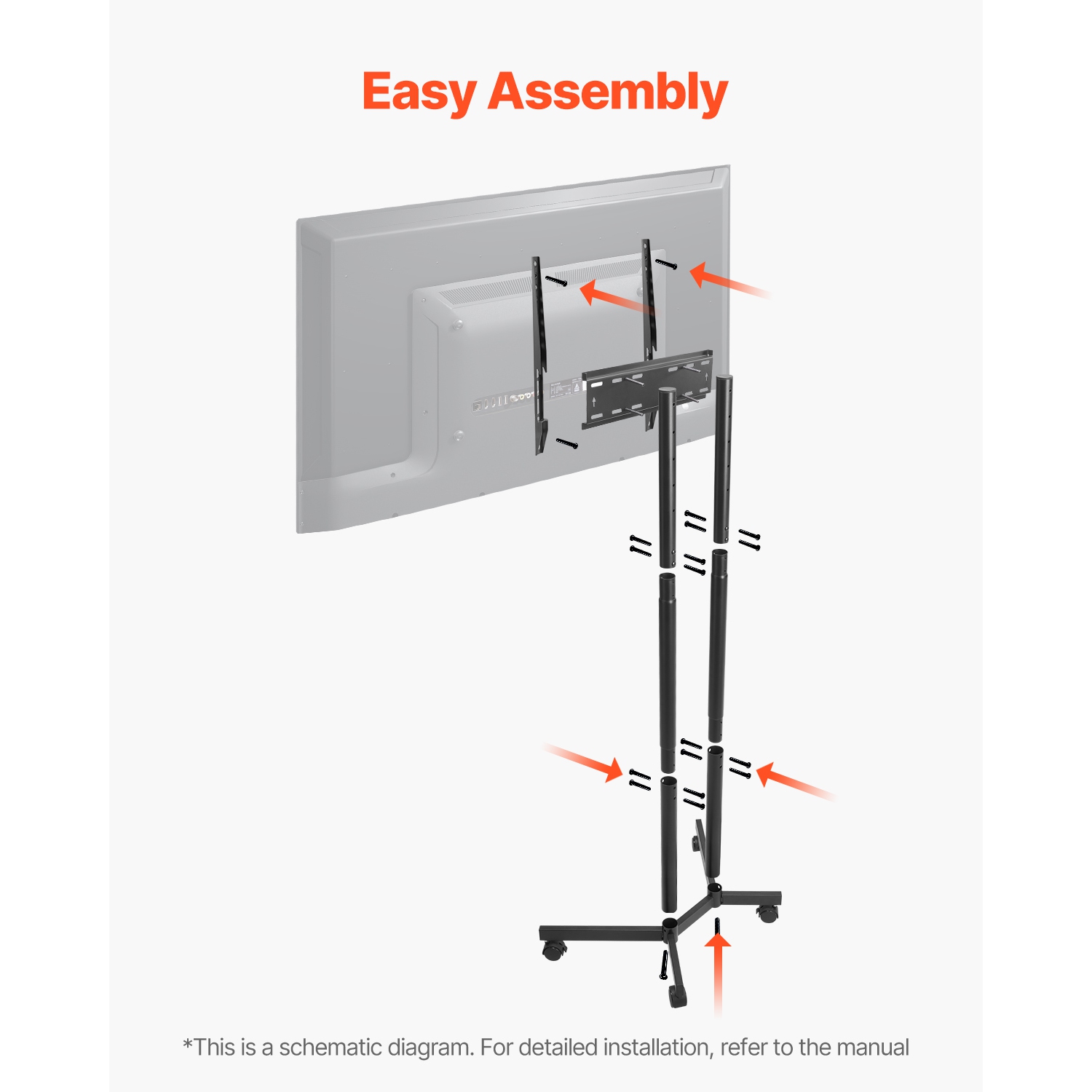 Meuble à roulettes pour téléviseur 88&nbsp;lb de VEVOR, chariot mobile pour écran de 32-65&nbsp;po, hauteur réglable, support pour moniteur portatif