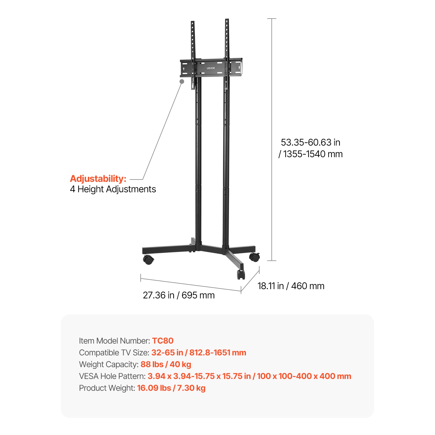 Meuble à roulettes pour téléviseur 88&nbsp;lb de VEVOR, chariot mobile pour écran de 32-65&nbsp;po, hauteur réglable, support pour moniteur portatif