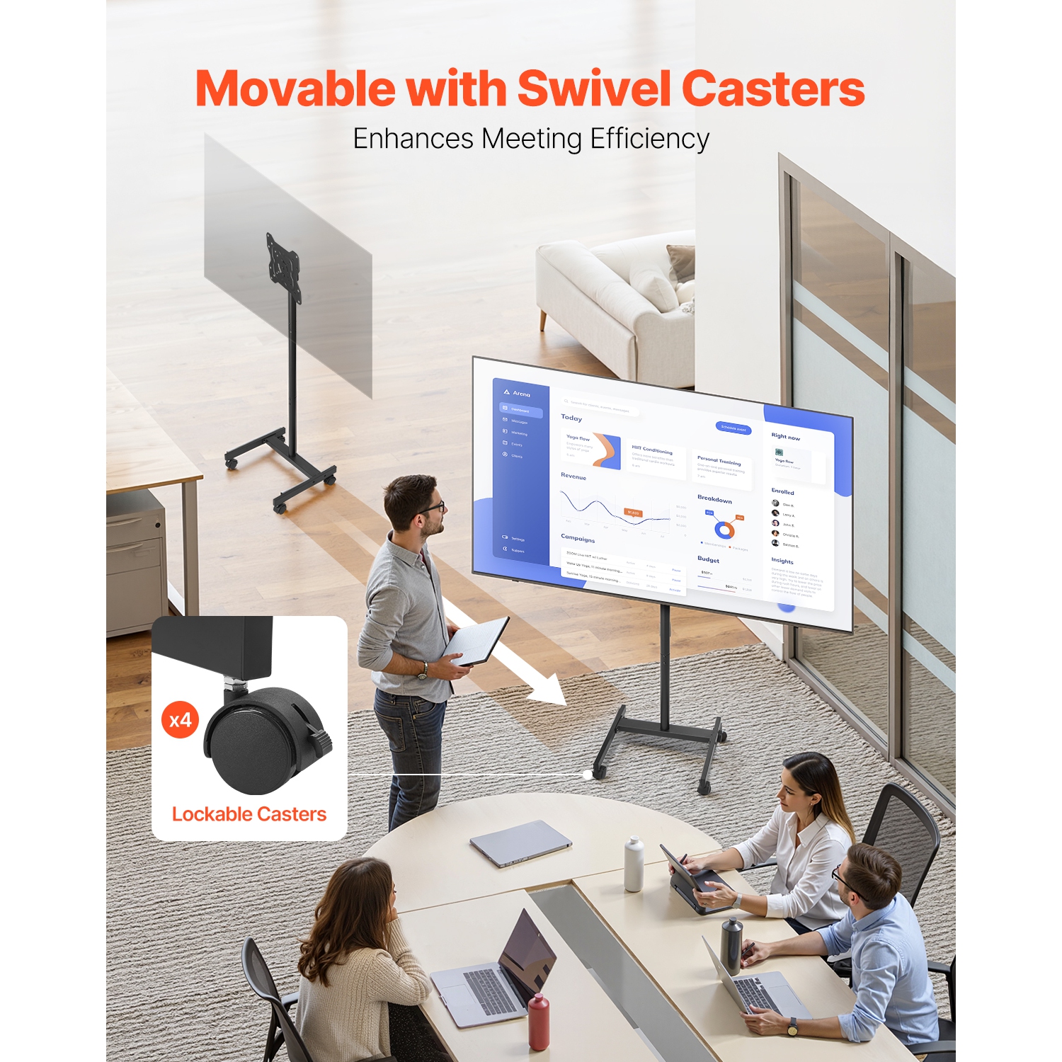 VEVOR 44 lbs Capacity Rolling TV Stand, Mobile TV Cart for 17-55 Inch Screens, Portrait to Landscape, Portable TV Stand with Wheels for Living Room,