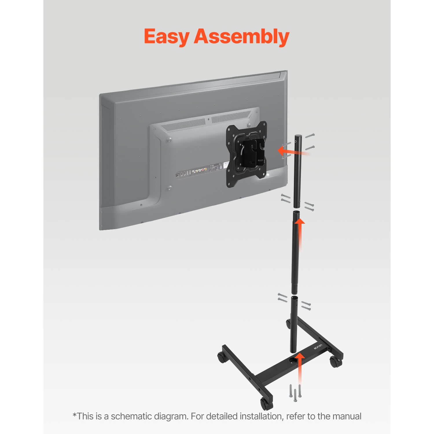 VEVOR 44 lbs Capacity Rolling TV Stand, Mobile TV Cart for 17-55 Inch Screens, Portrait to Landscape, Portable TV Stand with Wheels for Living Room,