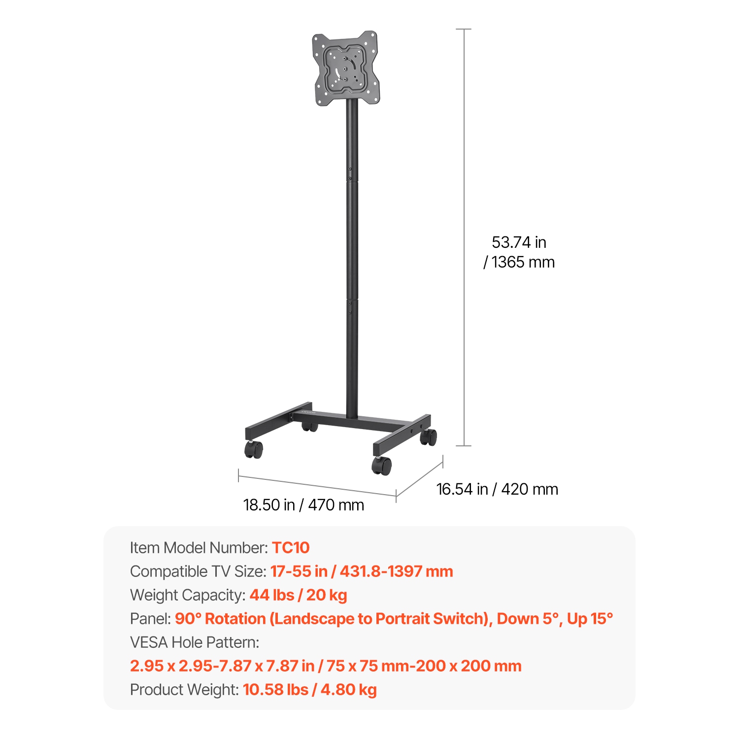 VEVOR 44 lbs Capacity Rolling TV Stand, Mobile TV Cart for 17-55 Inch Screens, Portrait to Landscape, Portable TV Stand with Wheels for Living Room,