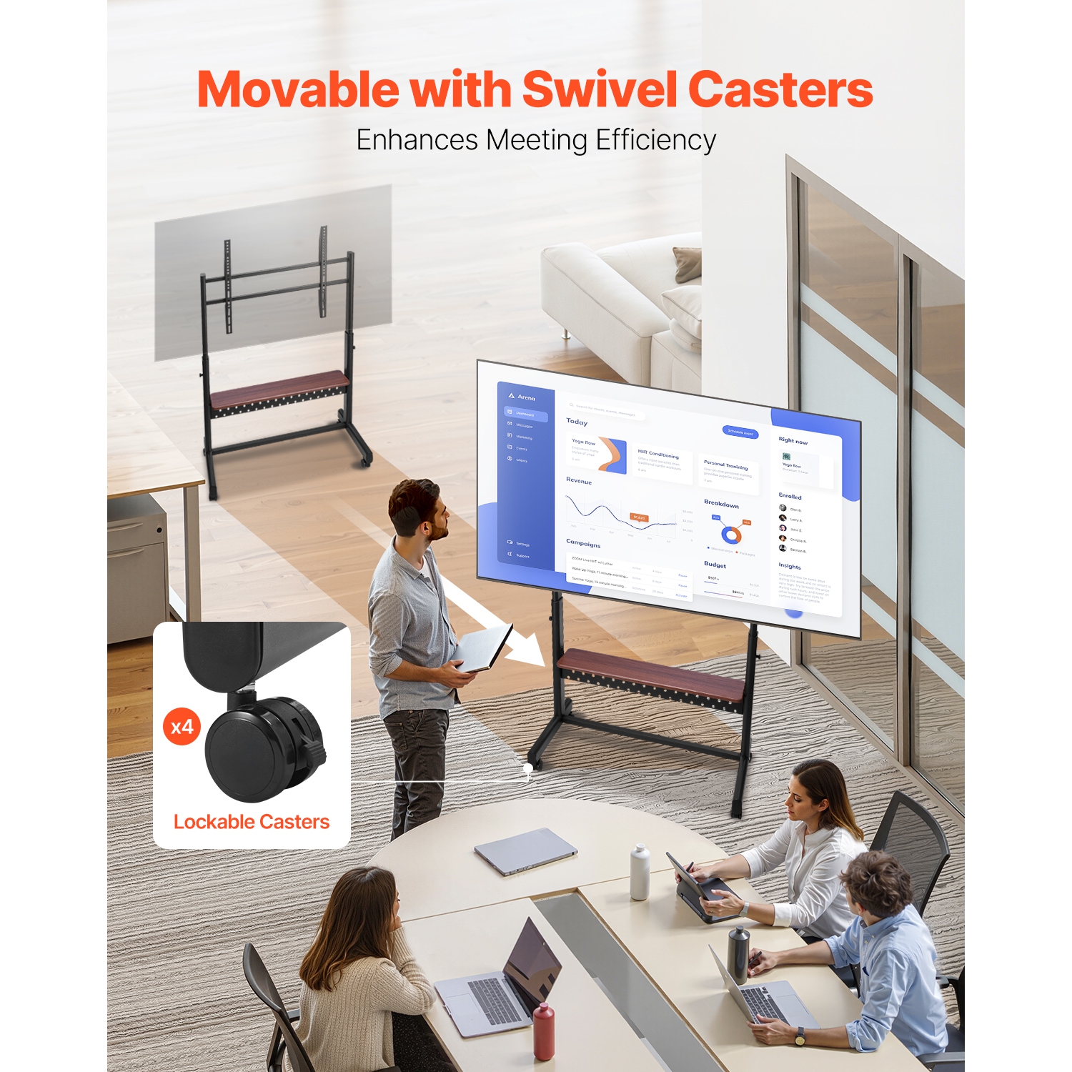 VEVOR 205 lbs Capacity Rolling TV Stand, Mobile TV Cart for 55-100 Inch Screens, Height Adjustable Portable Monitor Stand with Tray, for Living Room,