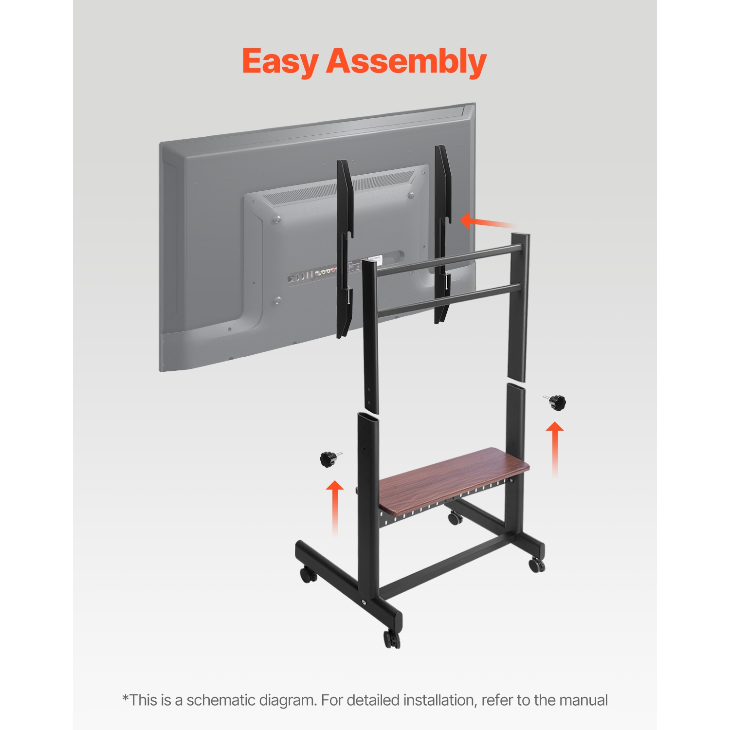 VEVOR 205 lbs Capacity Rolling TV Stand, Mobile TV Cart for 55-100 Inch Screens, Height Adjustable Portable Monitor Stand with Tray, for Living Room,